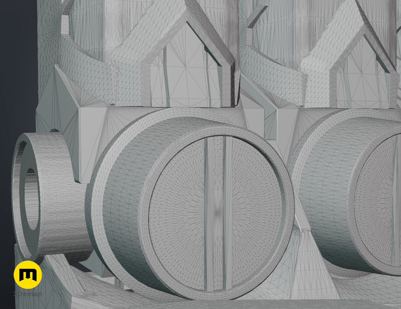 Close-up wireframe 3D mesh render of the Arcane Vi mechanical gauntlet showing round hinges and polygonal structure.