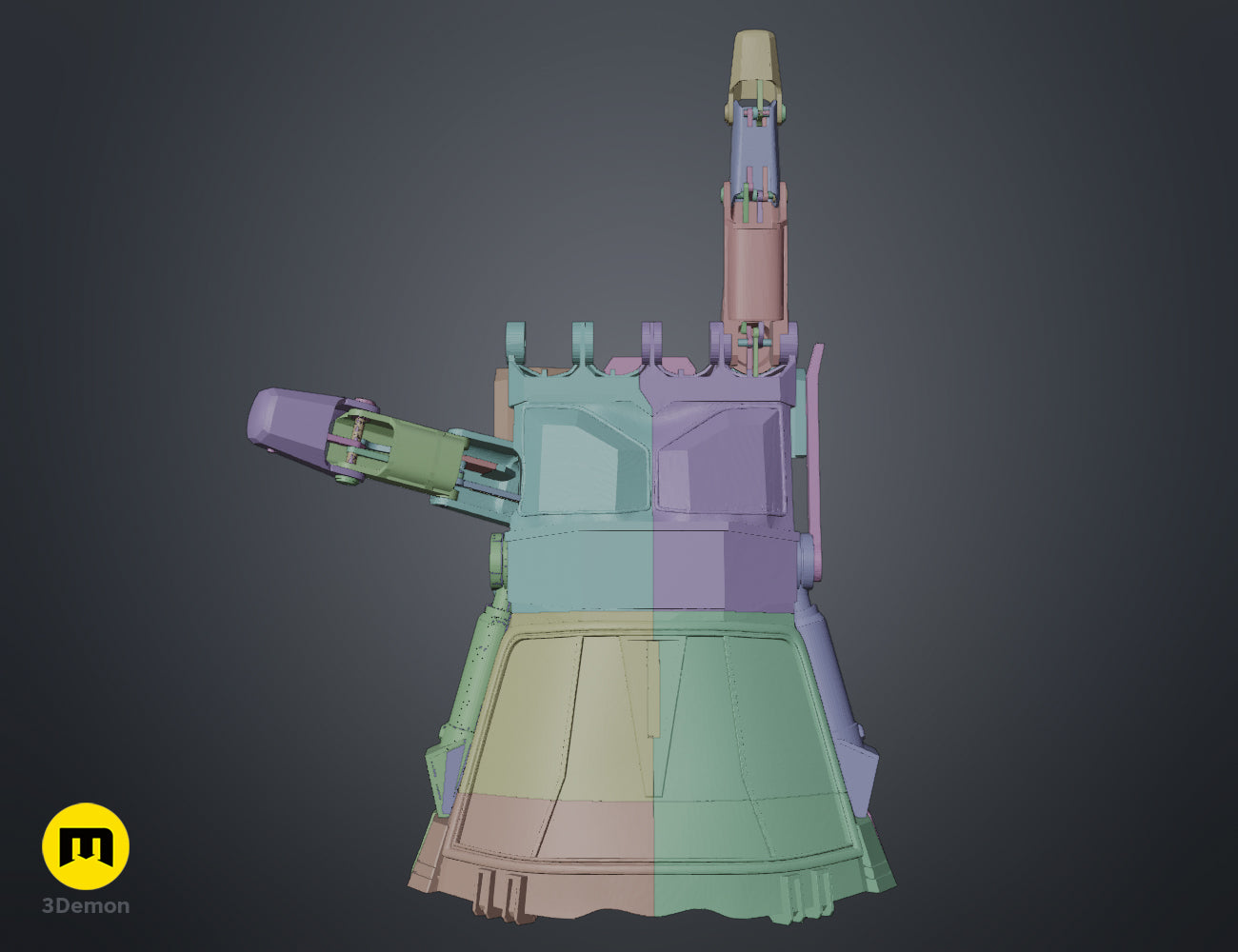 Color-coded 3D model render of the wrist and palm assembly for the Arcane Vi mechanical gauntlet prop.
