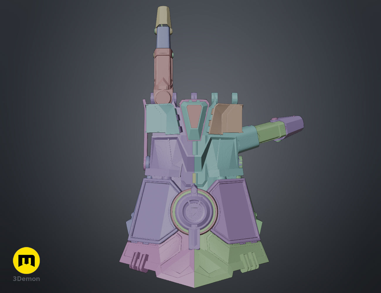 Color-coded 3D render of the Arcane Vi mechanical gauntlet main body and internal support structure.