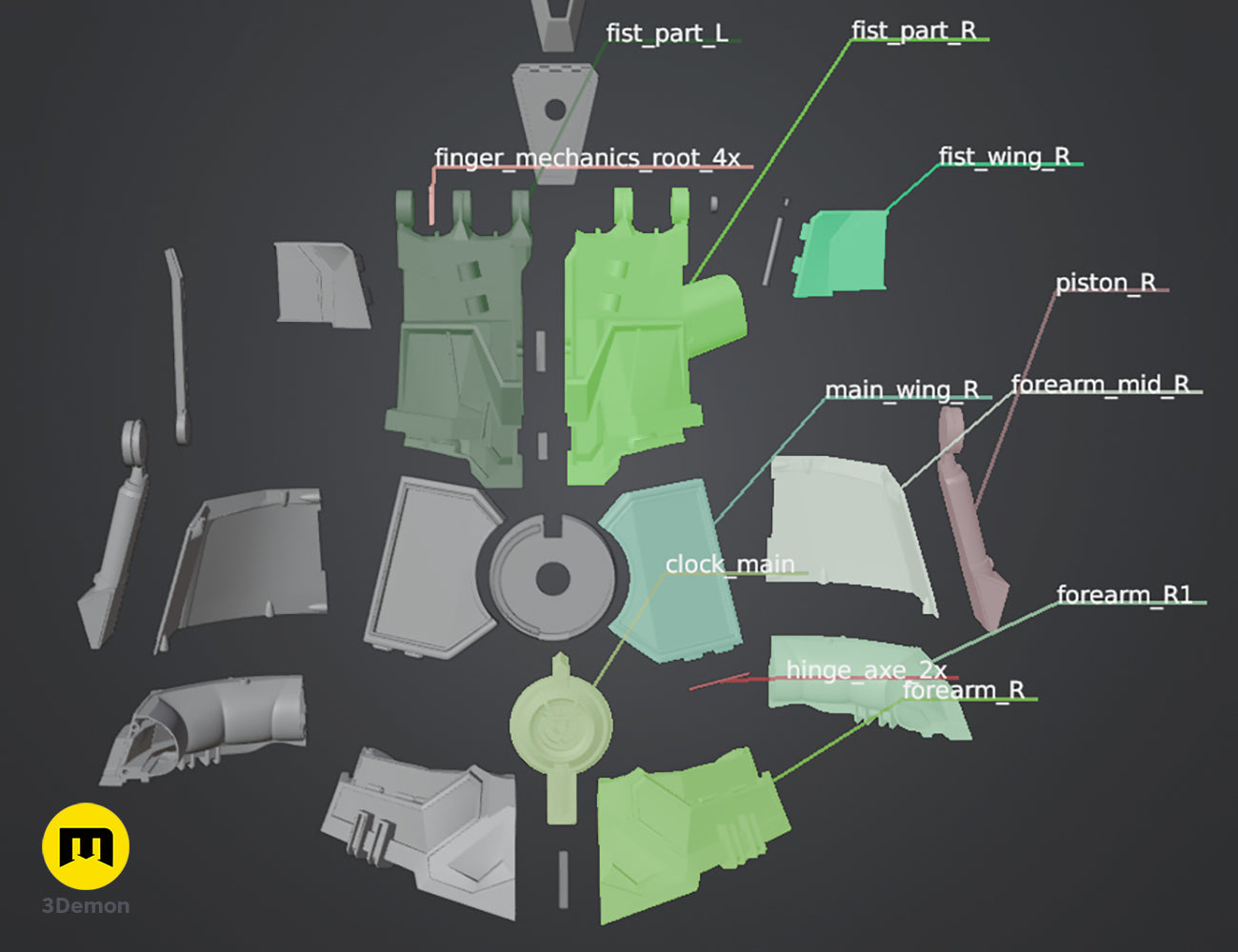 Exploded 3D model view of Arcane Vi mechanical gauntlet assembly parts with technical labels for 3D printing.