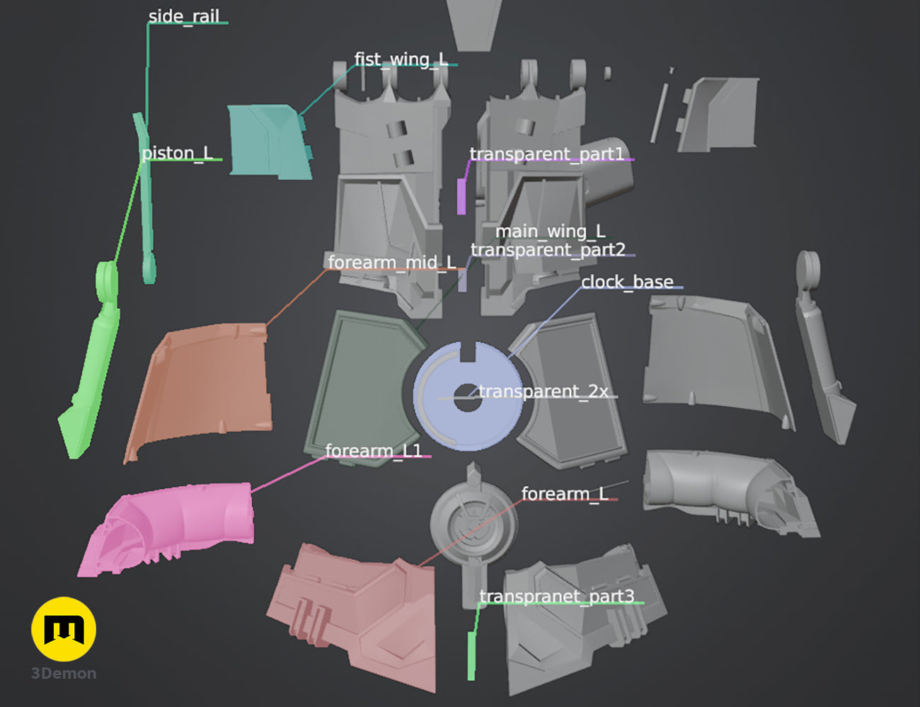 Exploded 3D model view of the forearm panels and side rail assembly for Arcane Vi's mechanical gauntlet.
