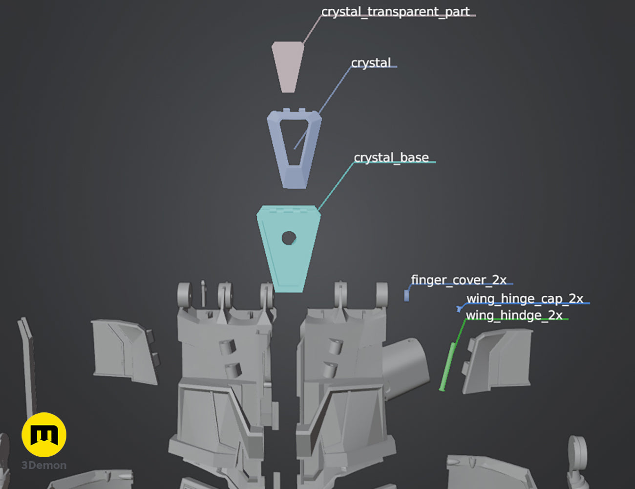 Exploded 3D model view of the Hextech crystal and mounting parts for the Arcane Vi mechanical gauntlet.