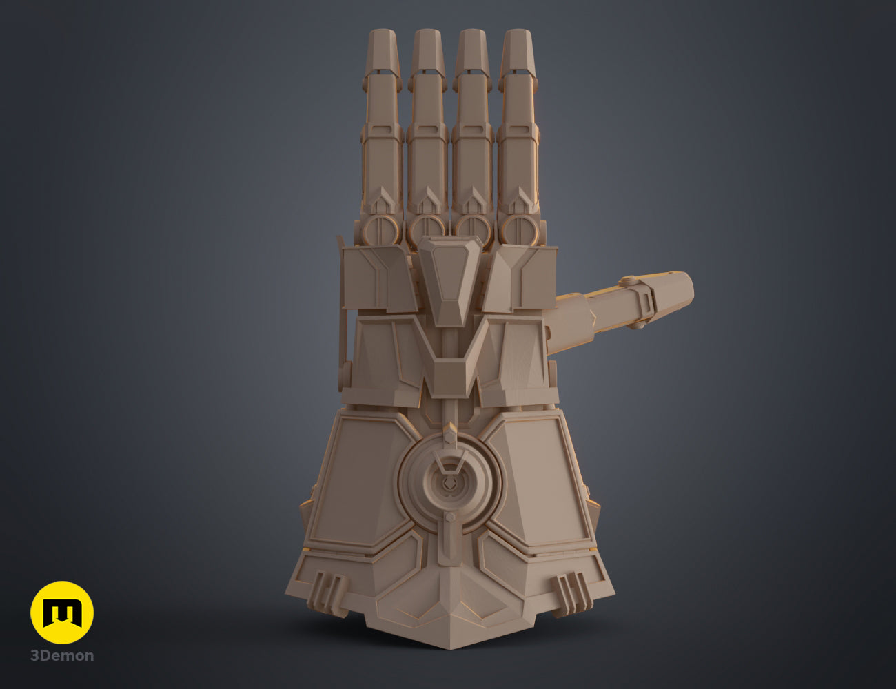 Front view 3D clay render of the Arcane Vi mechanical gauntlet prop model with large fingers and thumb.