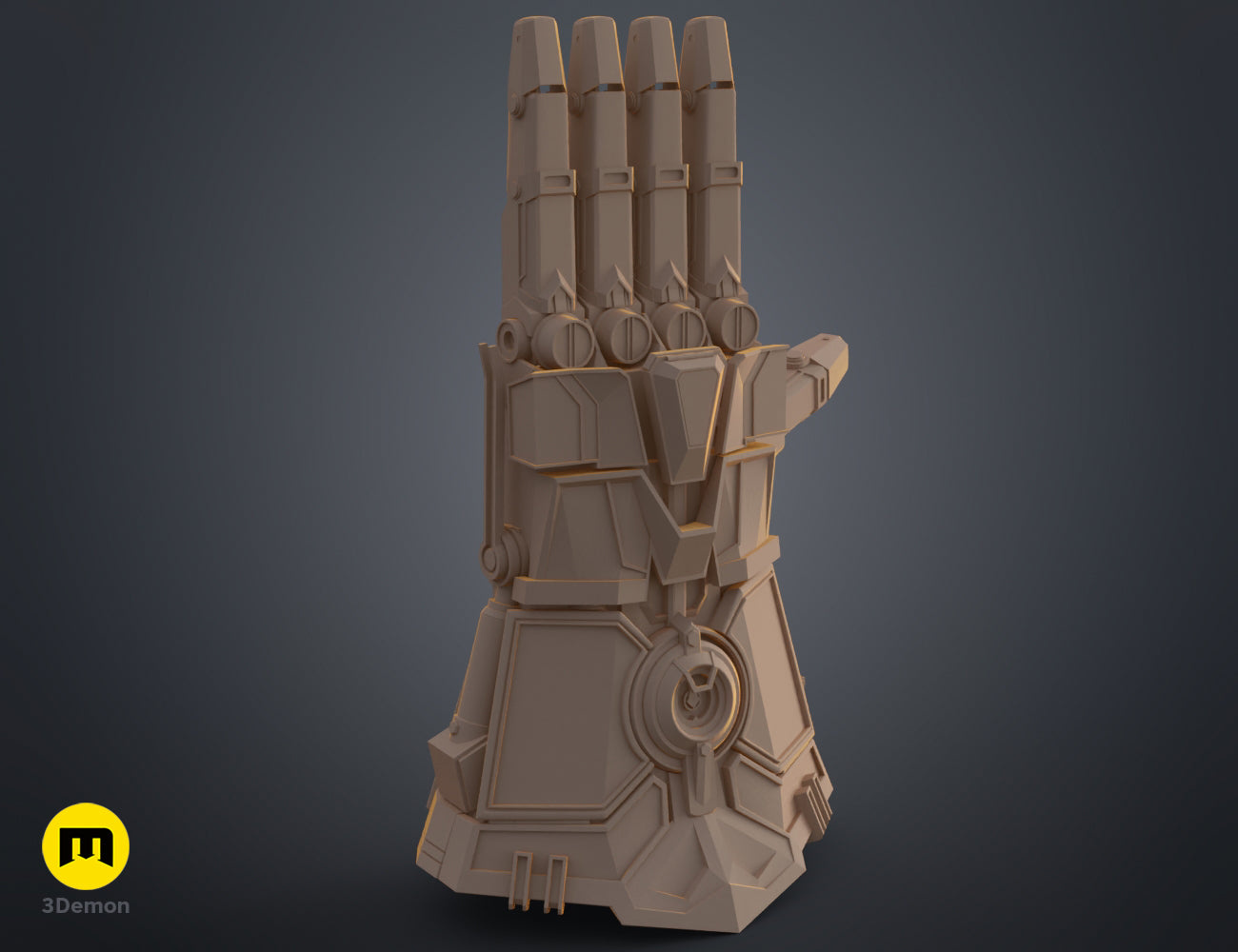 Full 3D clay render of the Arcane Vi mechanical gauntlet prop model with detailed surface geometry.