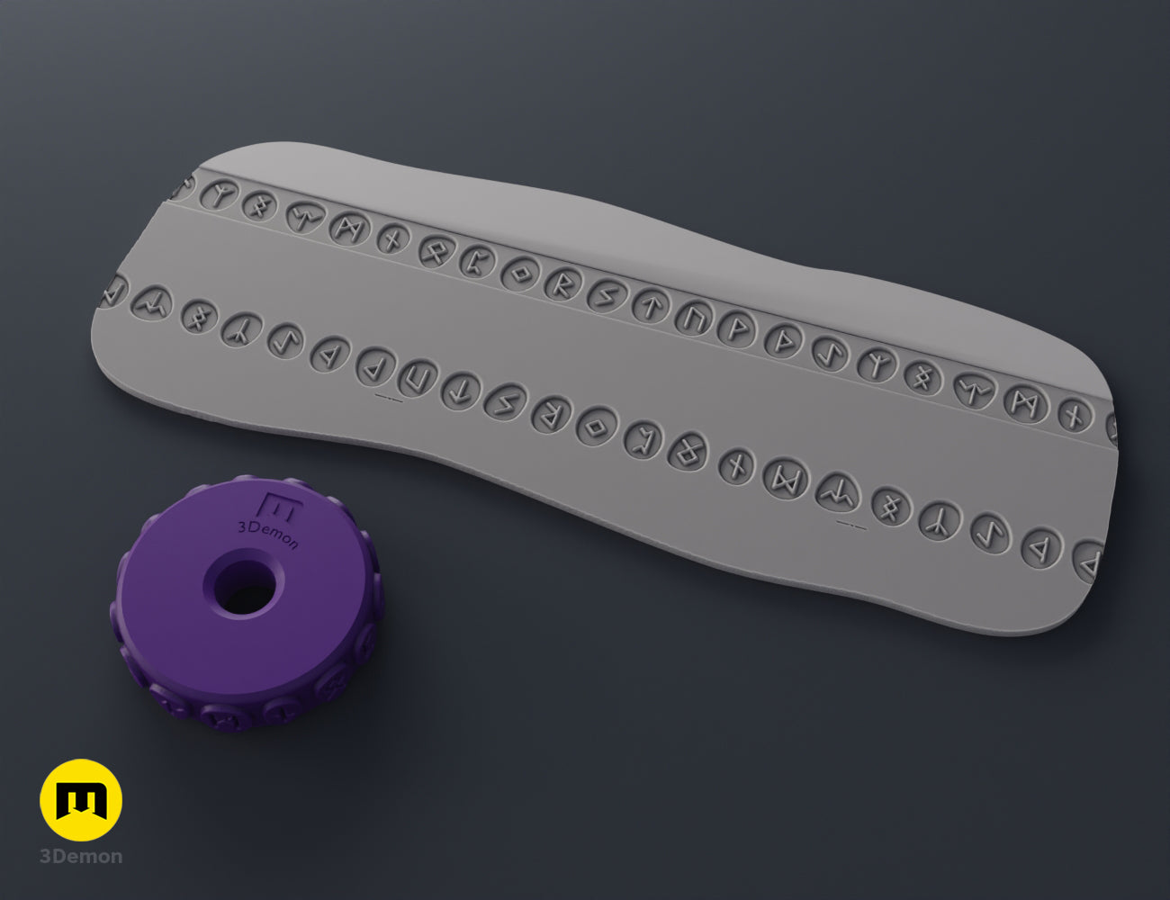Purple 3D printed stamp wheel with a spiky sun symbol and its impression on gray clay.