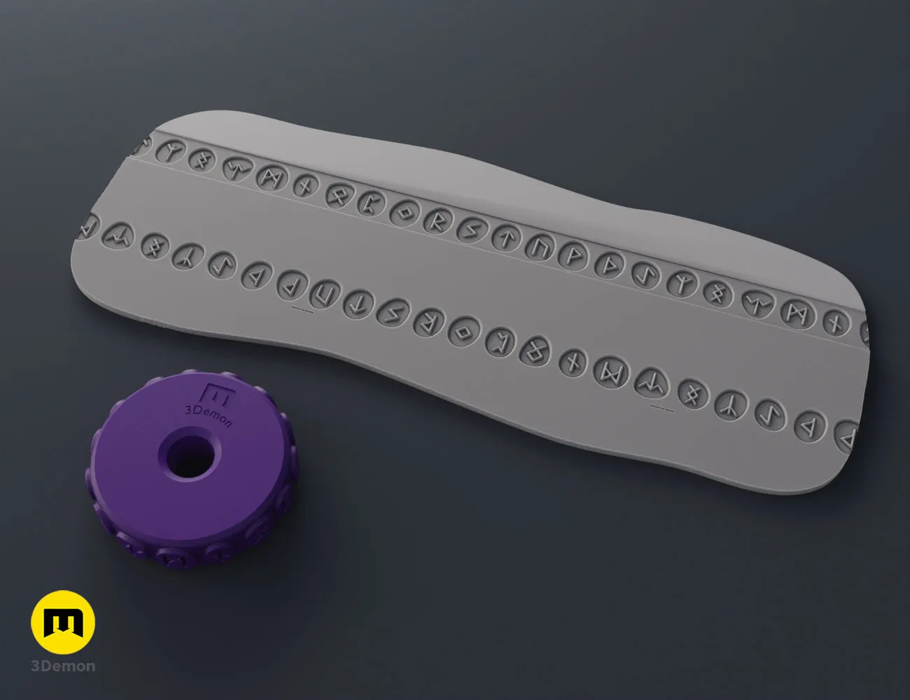 Purple 3D printed stamp wheel with a spiky sun symbol and its impression on gray clay.