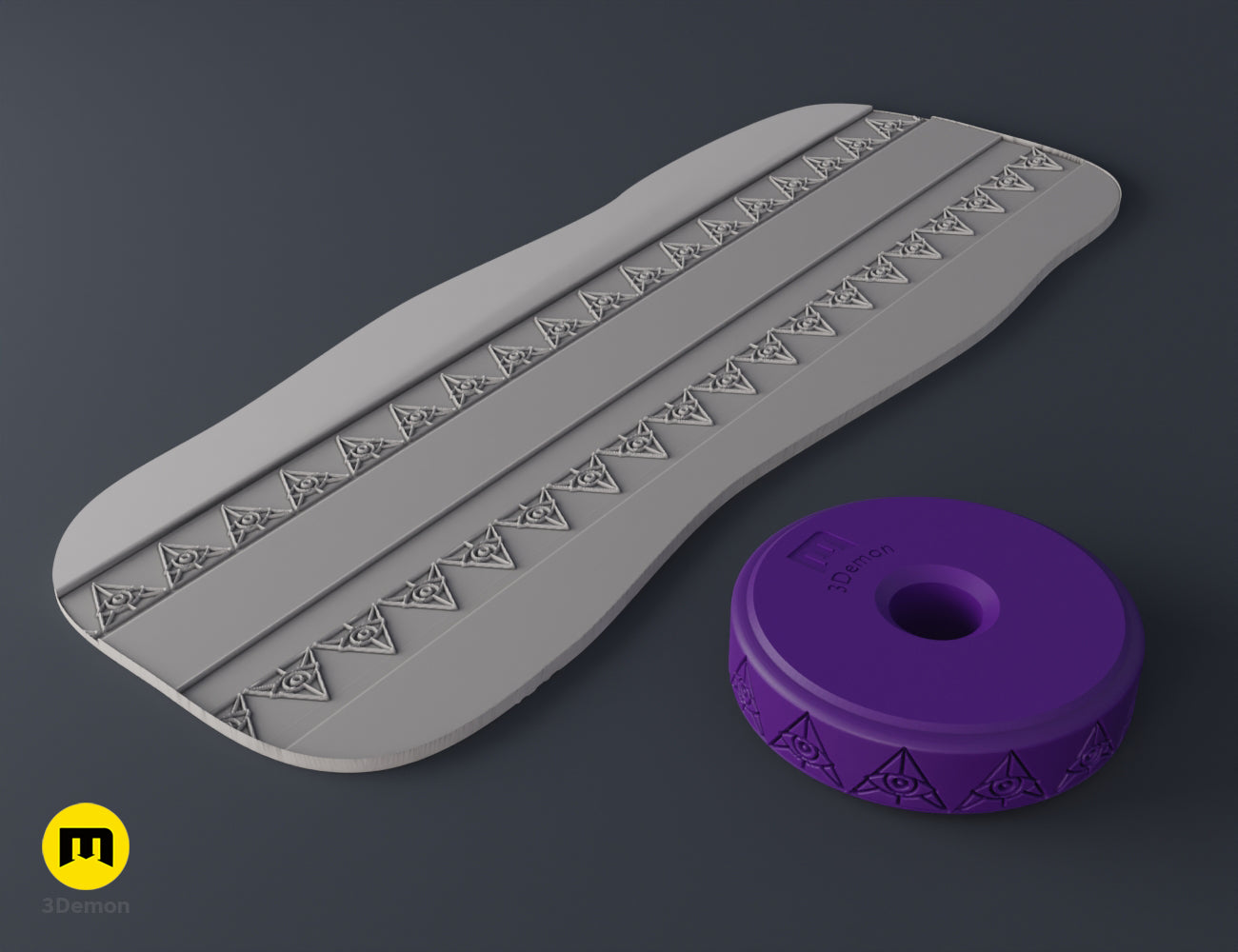 Purple 3D printed stamp wheel with a triple goddess symbol and pentagrams, impression on gray clay.