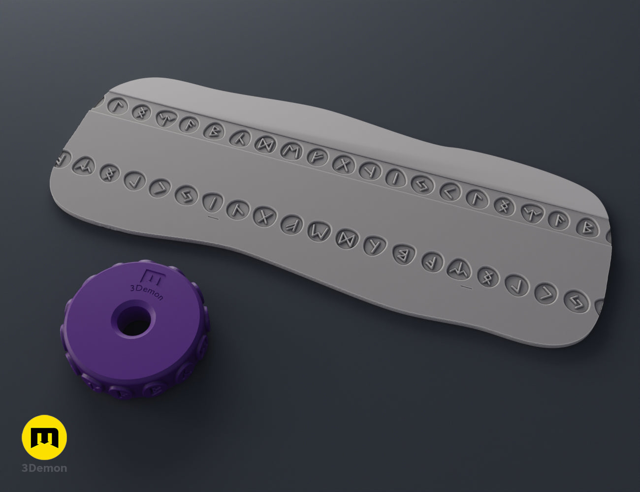 Purple 3D printed stamp wheel with a wheel-of-the-year symbol and its impression on gray clay.