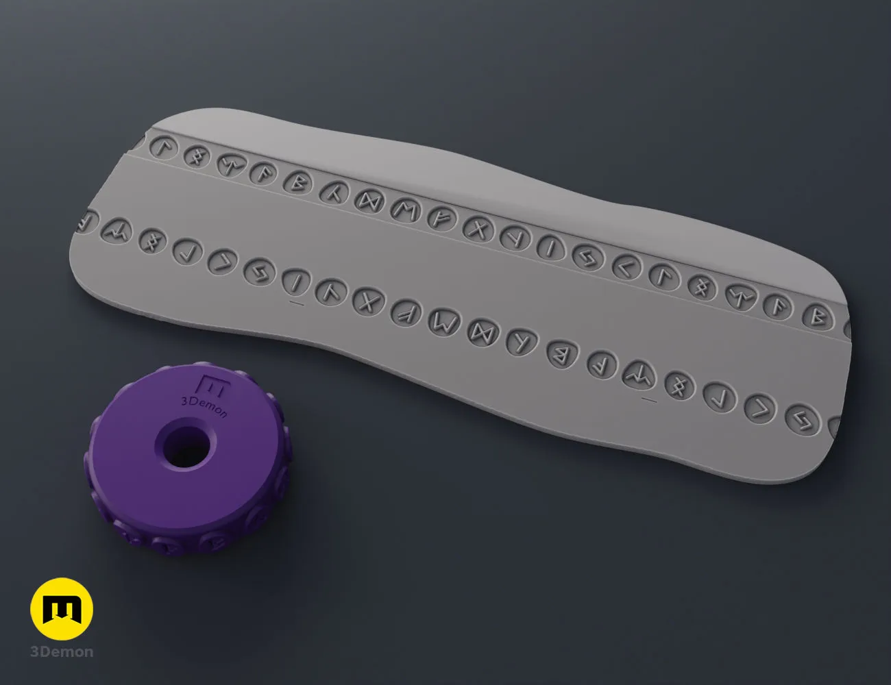 Purple 3D printed stamp wheel with a wheel-of-the-year symbol and its impression on gray clay.