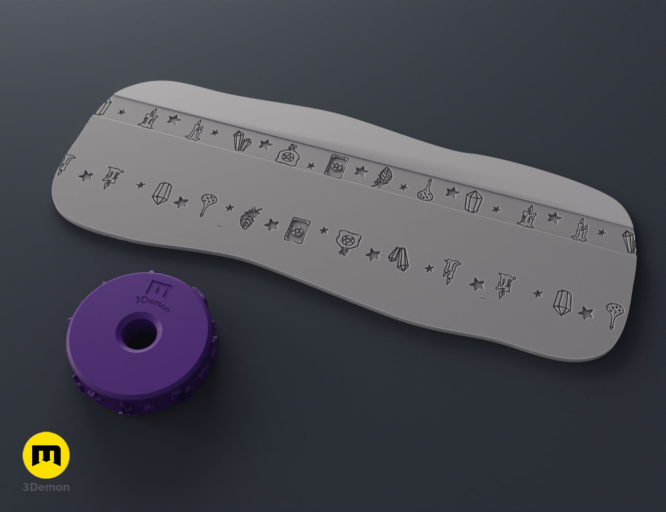 Purple 3D printed stamp wheel with an eye in a triangle symbol and its impression on gray clay.