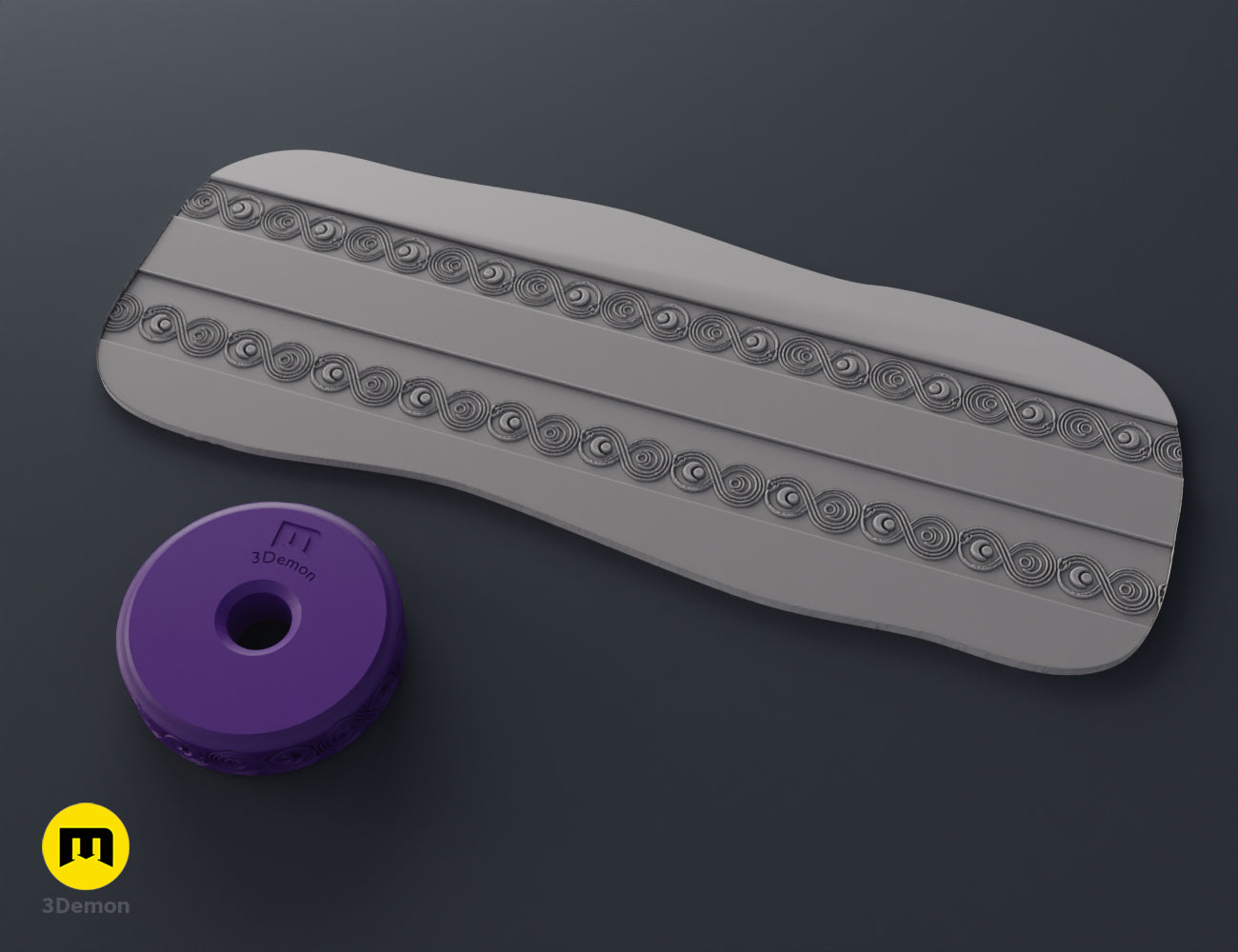 Purple 3D printed stamp wheel with crescent moon phase symbols and its impression on gray clay.