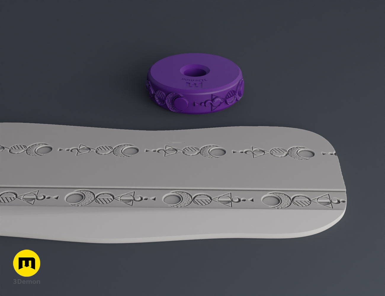 Purple 3D printed stamp wheel with occult geometric symbols and its impression on gray clay.