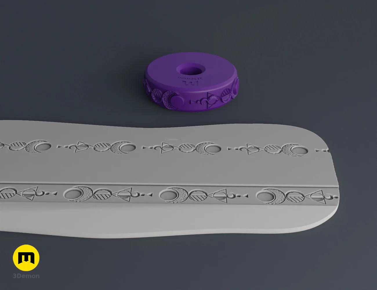 Purple 3D printed stamp wheel with occult geometric symbols and its impression on gray clay.