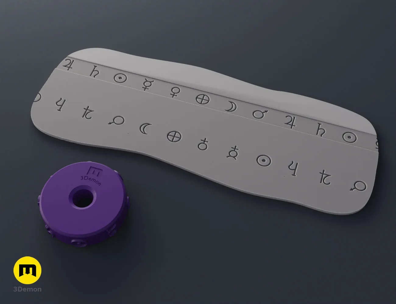 Purple 3D printed stamp wheel with pentagram and crescent moon symbols and its impression on gray clay.