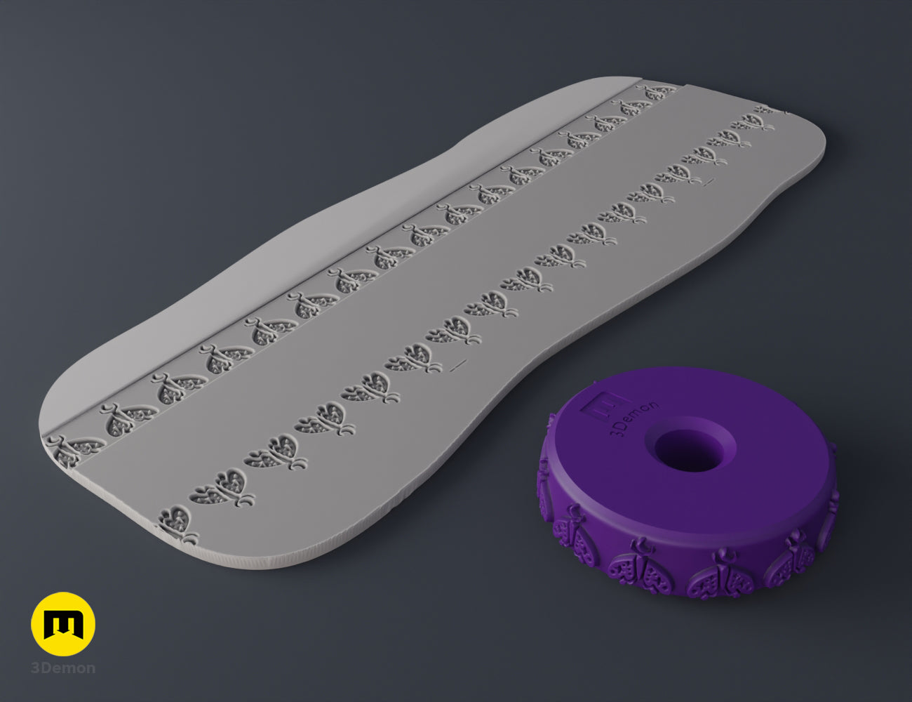 Purple 3D printed stamp wheel with pentagram and moon symbols and its impression on gray clay.