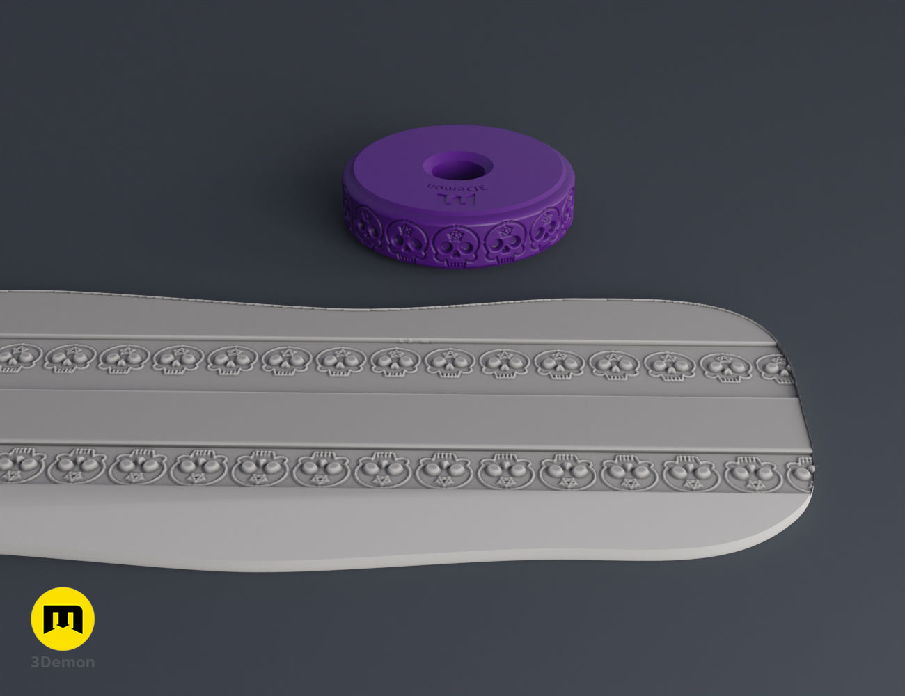 Purple 3D printed stamp wheel with pentagram patterns and its impression on gray clay.