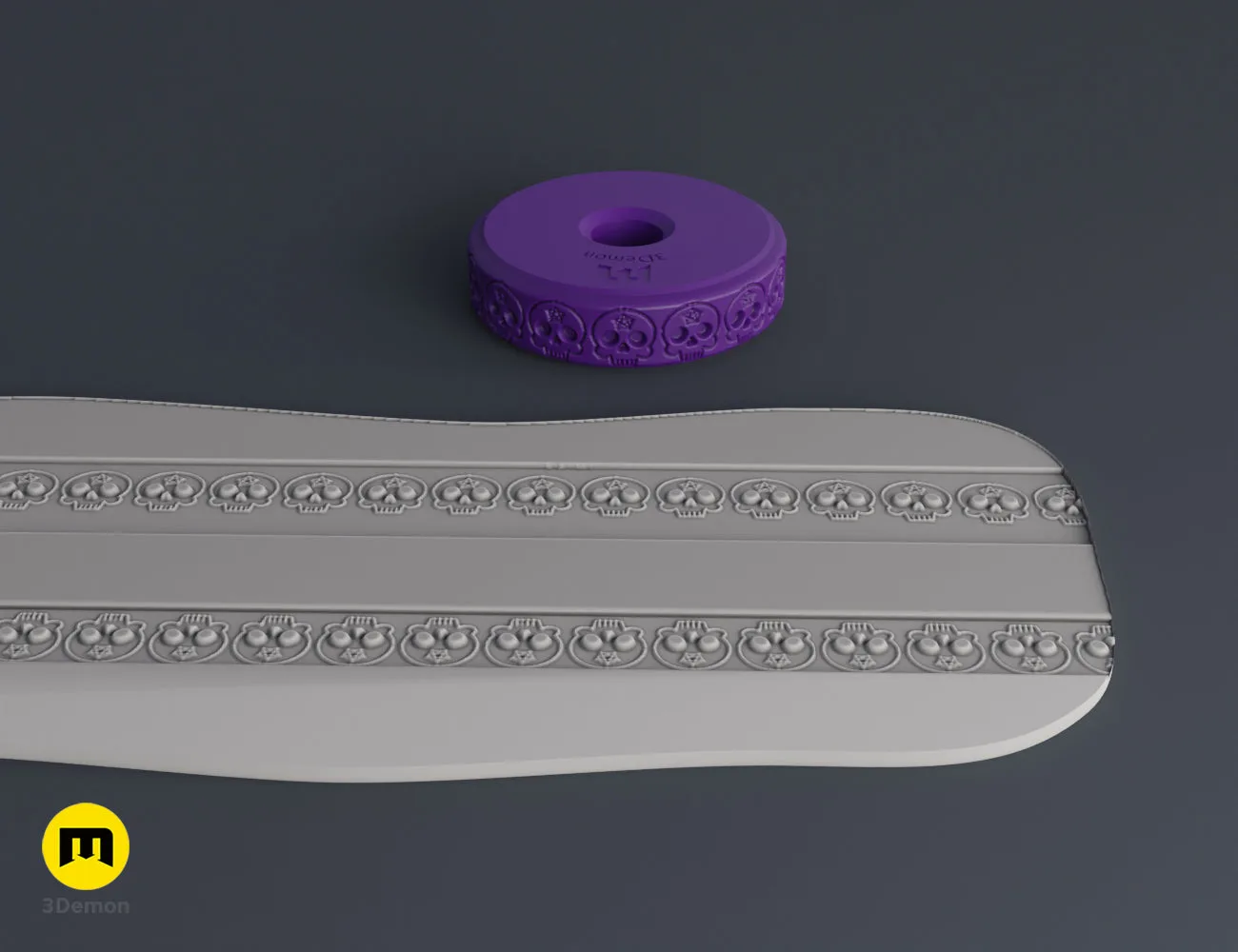 Purple 3D printed stamp wheel with pentagram patterns and its impression on gray clay.