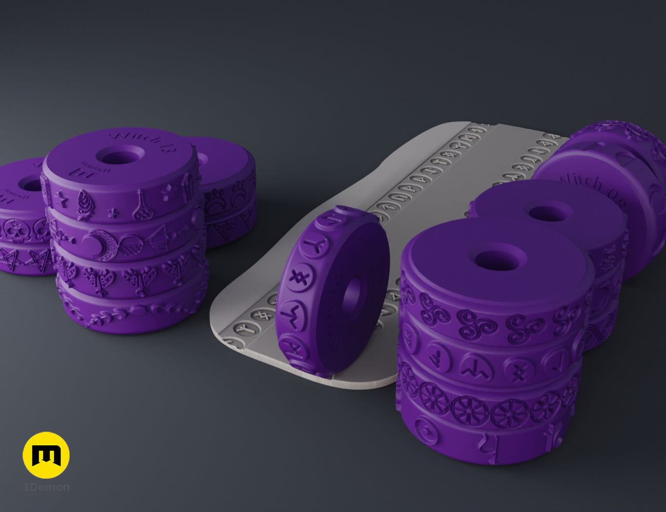 Purple 3D printed stamp wheels with runes and celtic knots creating patterns on light gray clay.