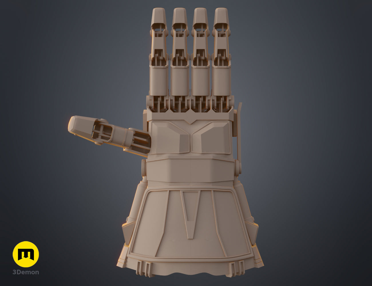 Rear view 3D clay render of the Arcane Vi mechanical gauntlet prop model showing internal finger linkages.