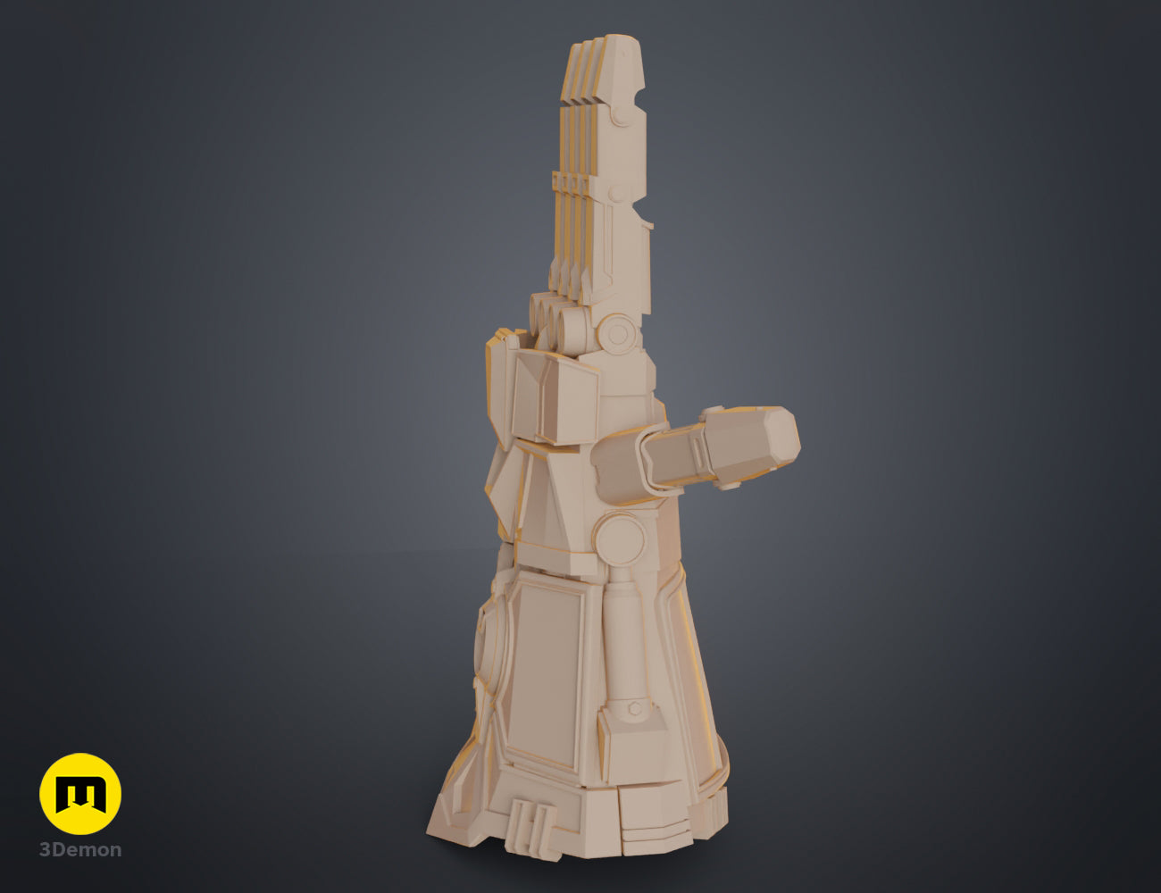 Side view 3D clay render of the Arcane Vi mechanical gauntlet prop model highlighting the thumb and forearm.