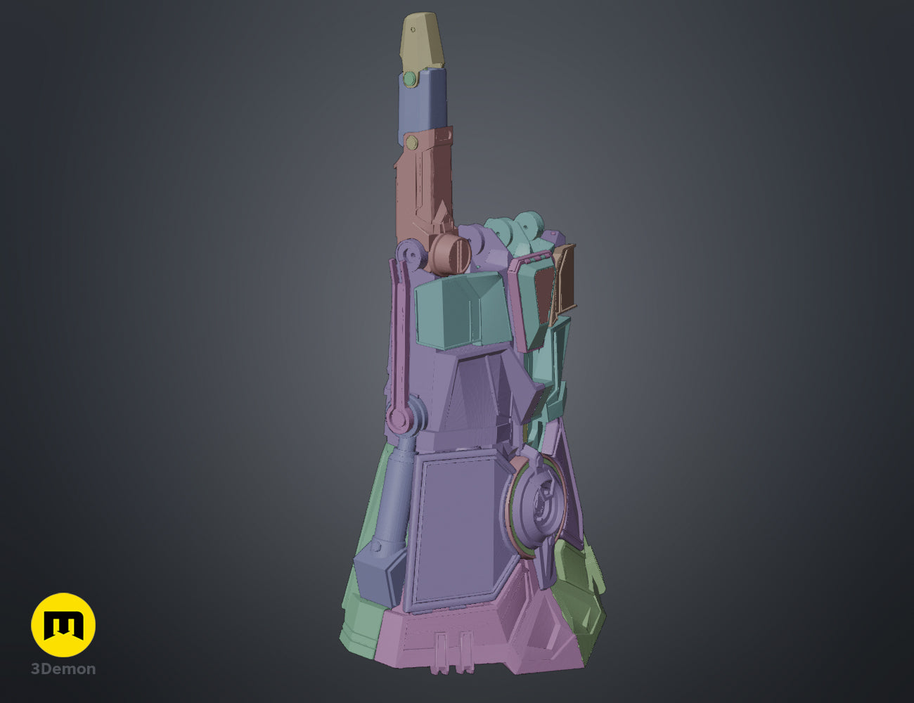 Side view color-coded 3D model render of the Arcane Vi mechanical gauntlet showing the outer panel structure.
