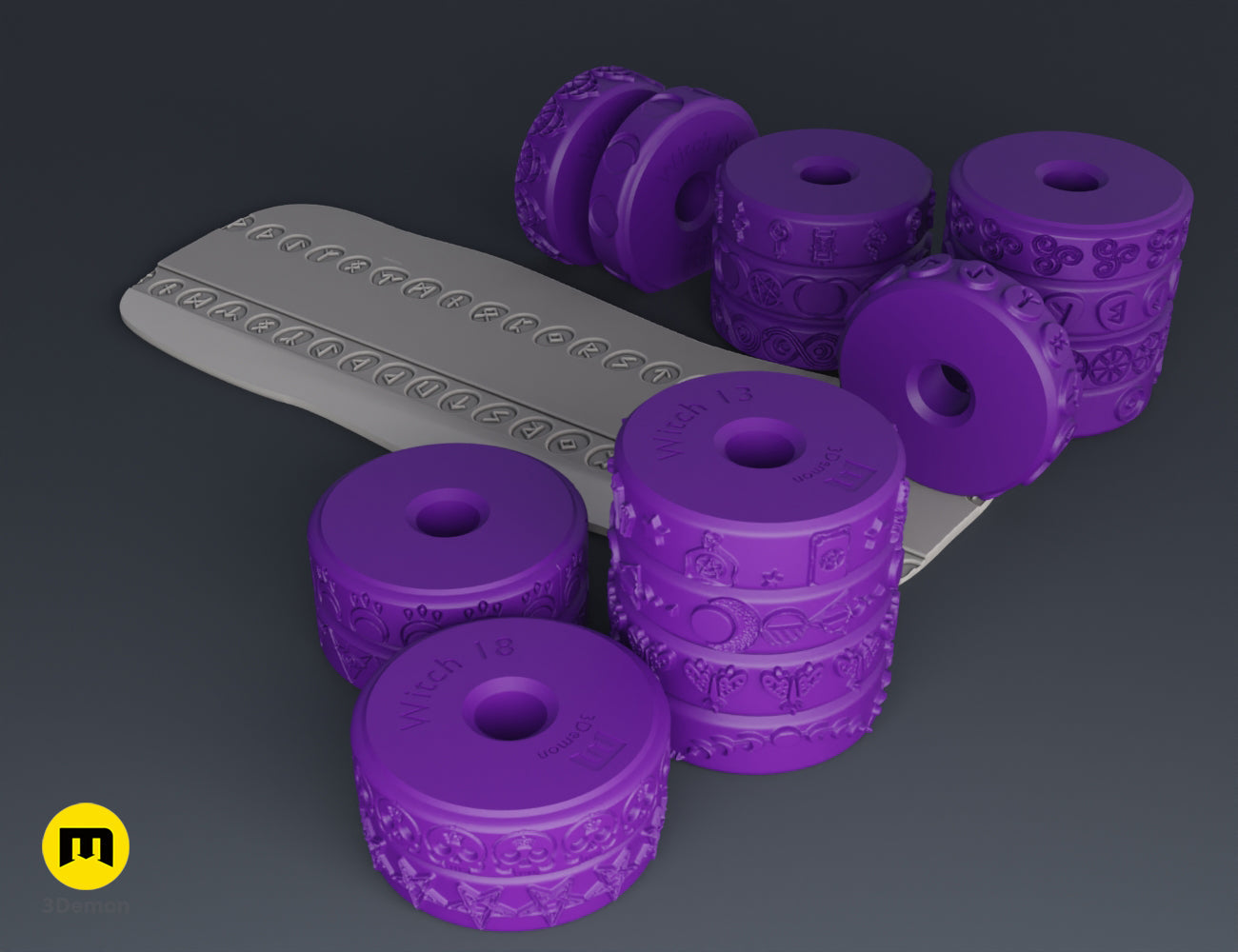 Three purple 3D printed stamp wheels with different witchcraft symbols creating multiple rows on white clay.