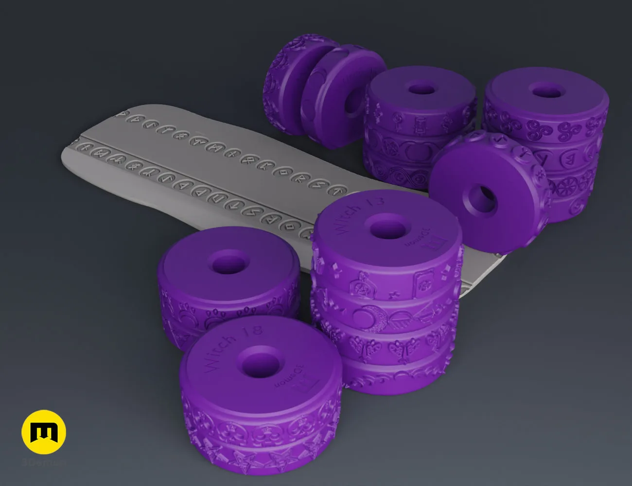 Three purple 3D printed stamp wheels with different witchcraft symbols creating multiple rows on white clay.