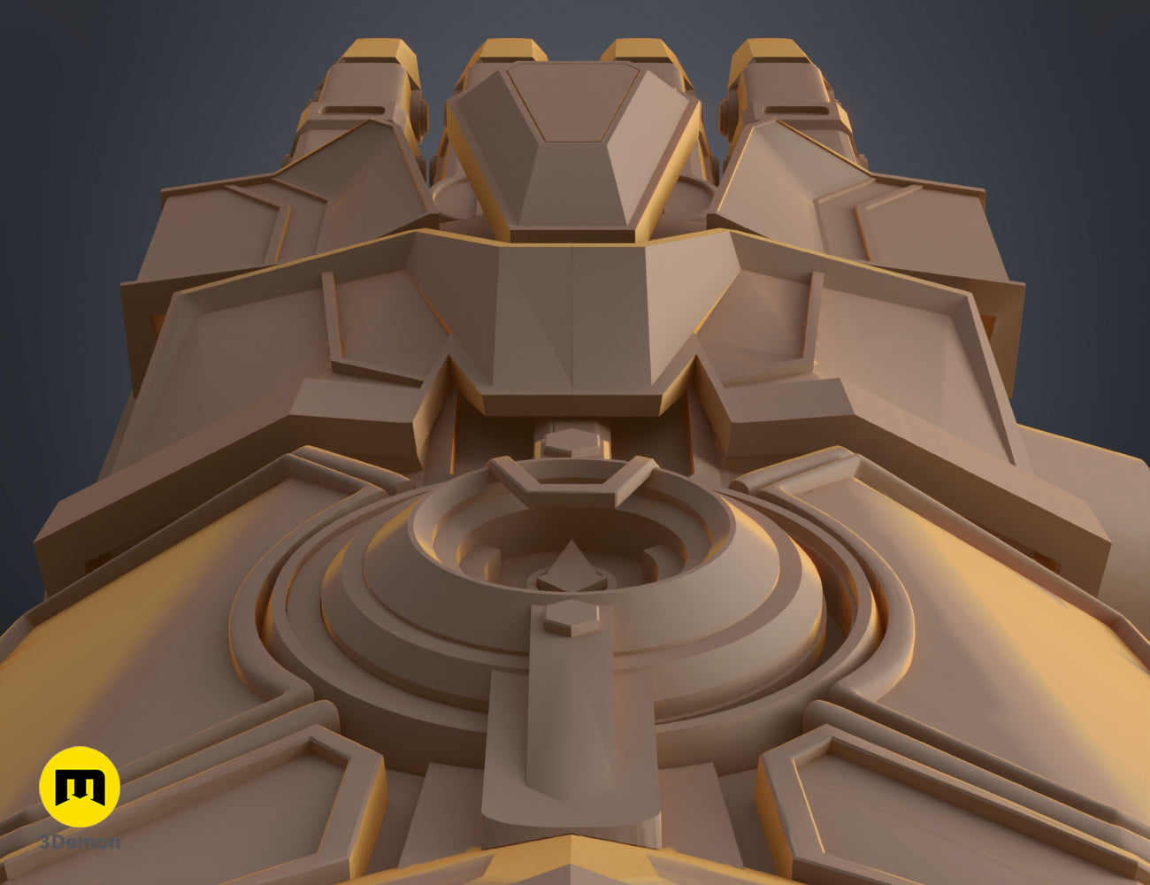 Top-down 3D clay render of the Arcane Vi mechanical gauntlet prop showing detailed wrist and panel geometry.