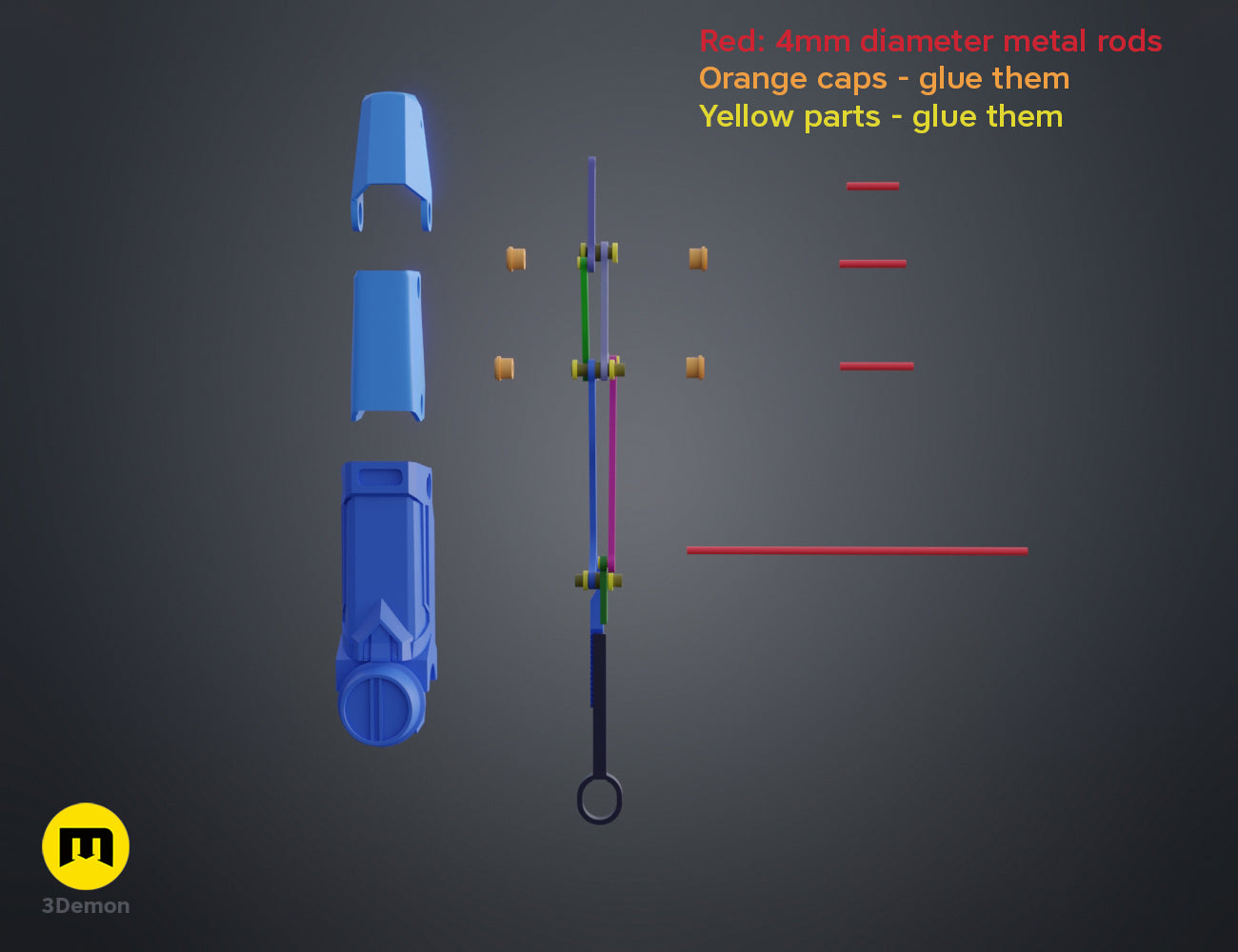 Technical 3D model schematic showing the assembly of finger joints for the Arcane Vi mechanical gauntlet.