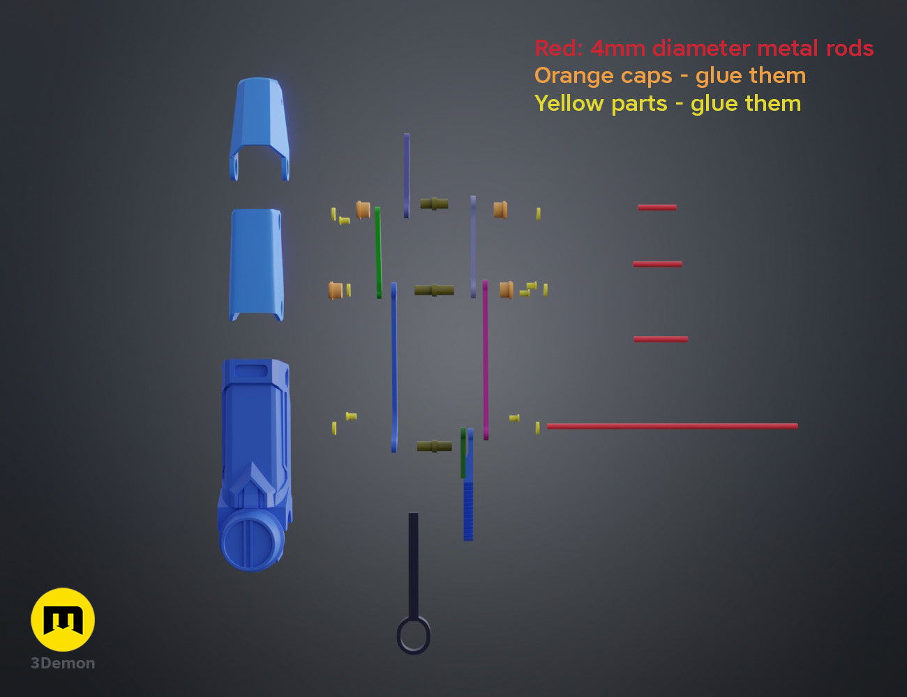 Instructional 3D model diagram showing assembly of the Arcane Vi gauntlet finger parts using metal rods.