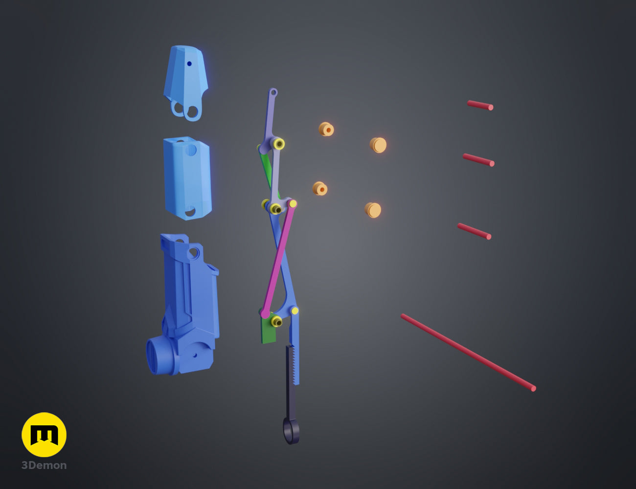 3D model exploded view of the internal finger linkage mechanism for the Arcane Vi mechanical gauntlet.