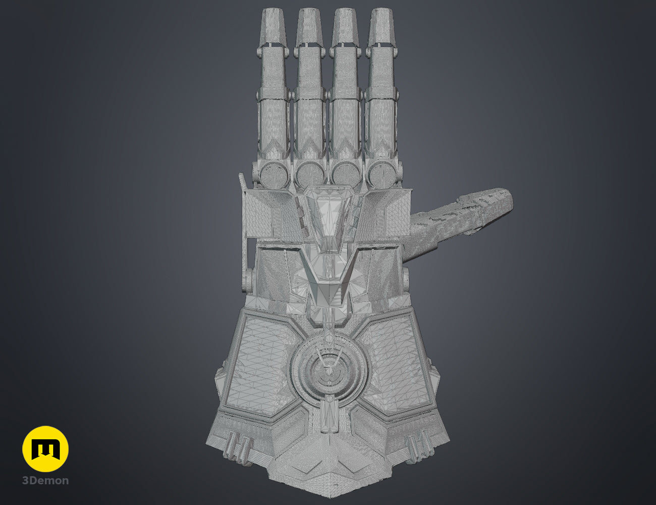 Wireframe 3D mesh render of the Arcane Vi mechanical gauntlet STL model showing high-poly geometric detail.