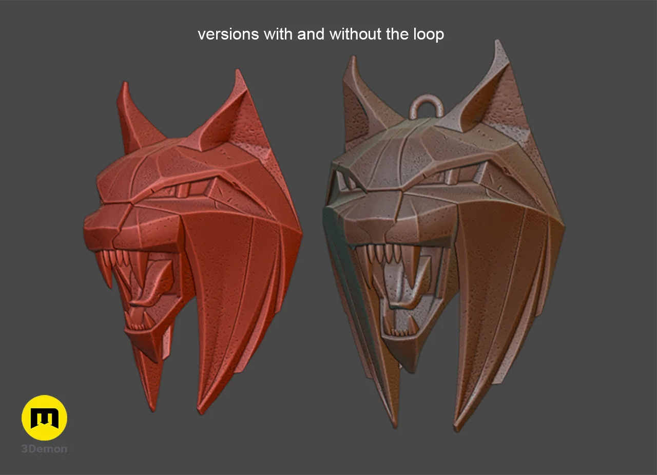 3D model renders of the Lynx medallion with and without a hanging loop – Witcher 4 Lynx Pendant 3D print | 3Demon