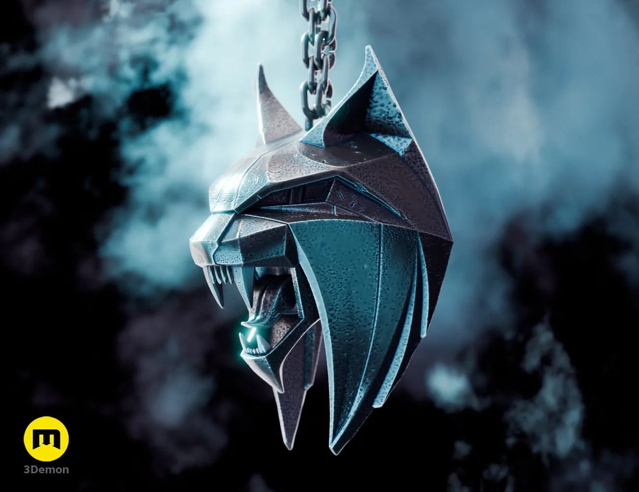 Side view render of the metallic Witcher 4 Lynx medallion on a chain – Witcher 4 Lynx Pendant 3D print | 3Demon