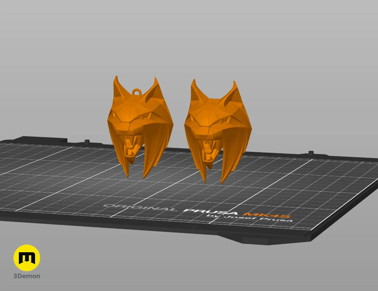 Orange 3D models of the Lynx medallion in slicer on a Prusa build plate – Witcher 4 Lynx Pendant 3D print | 3Demon