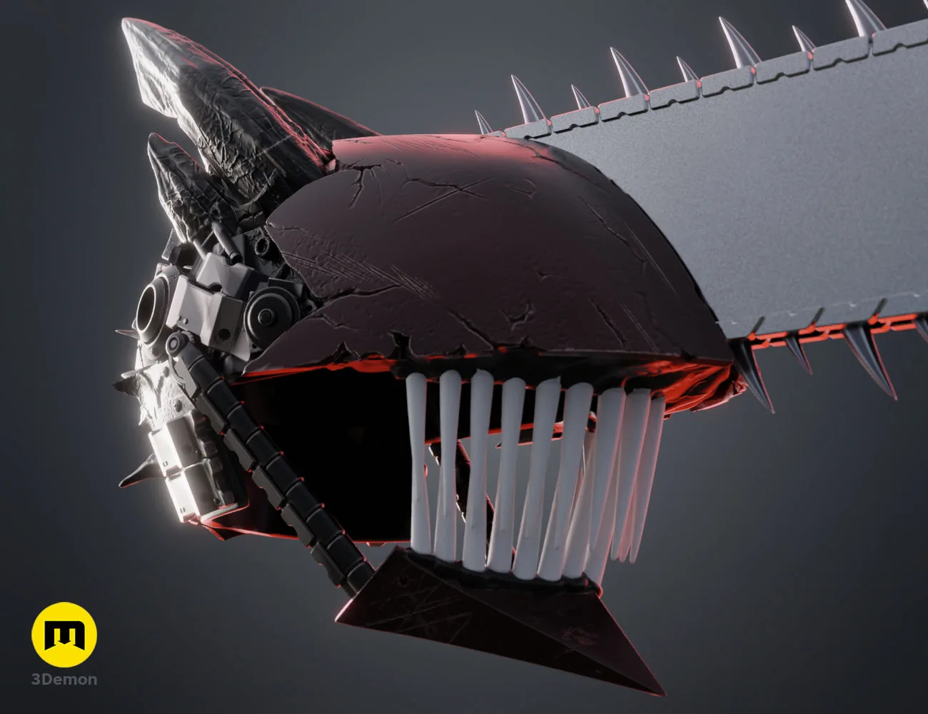 Top-down perspective 3D render of the Chainsaw Man helmet – Chainsaw Man True Devil Form Helmet 3D print | 3Demon