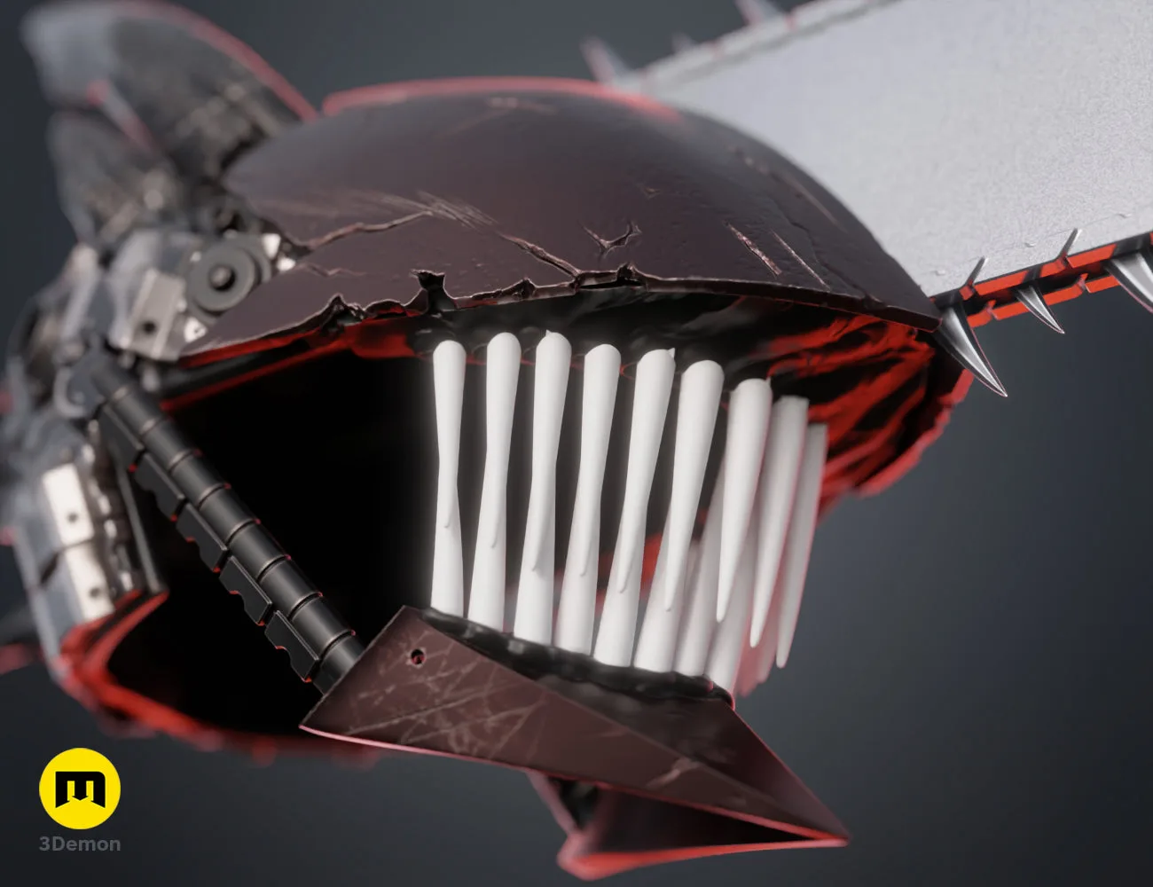 Perspective 3D render of the helmet from a rear-side angle – Chainsaw Man True Devil Form Helmet 3D print | 3Demon