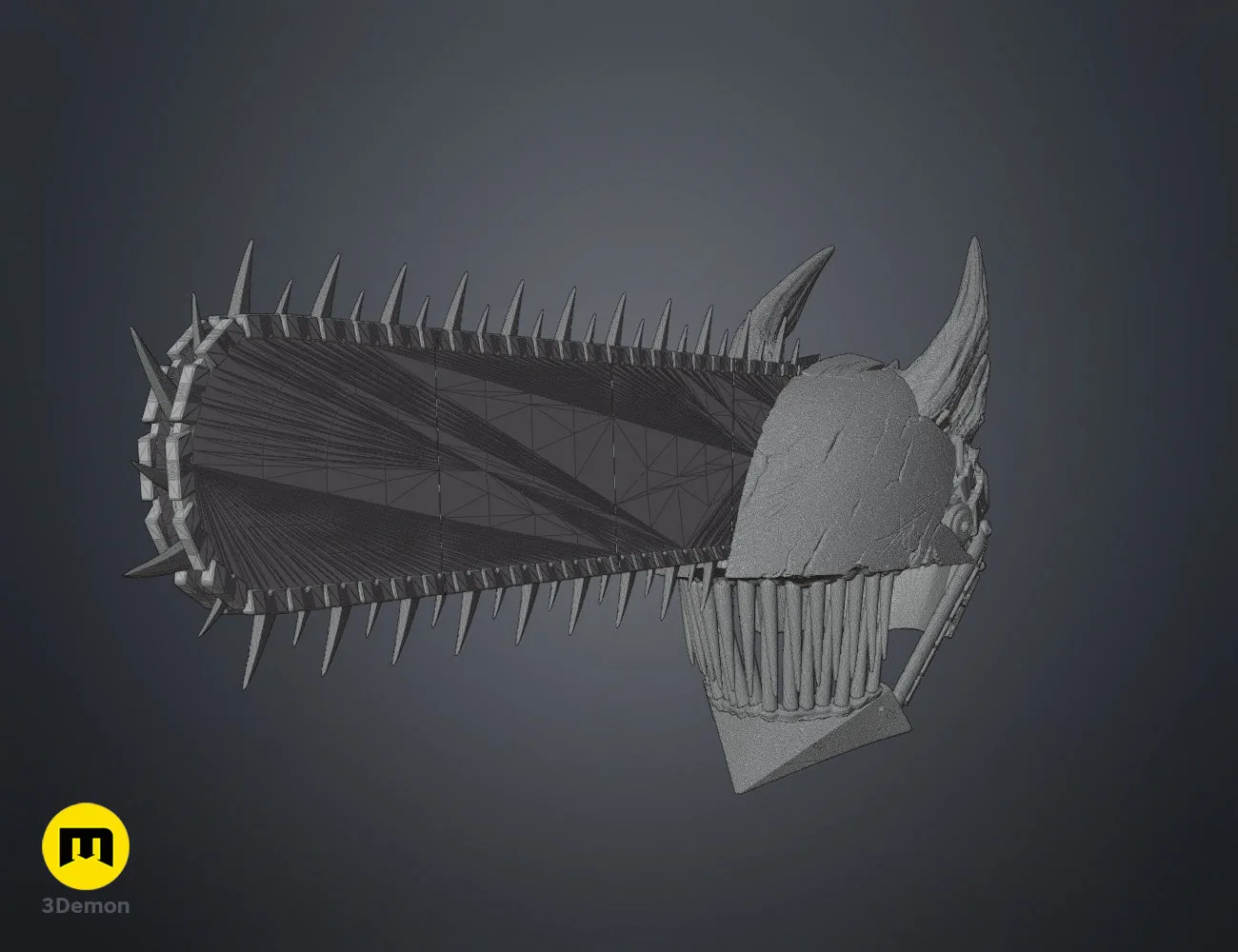 Detailed wireframe mesh view of the 3D model side section – Chainsaw Man True Devil Form Helmet 3D print | 3Demon