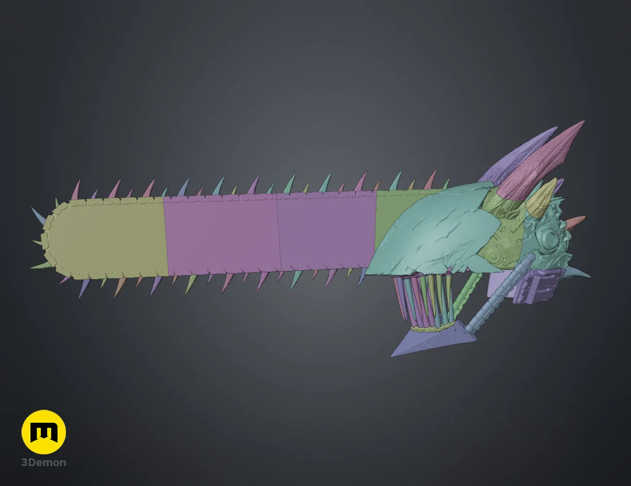 Side view of the 3D model with color-coded parts for assembly – Chainsaw Man True Devil Form Helmet 3D print | 3Demon