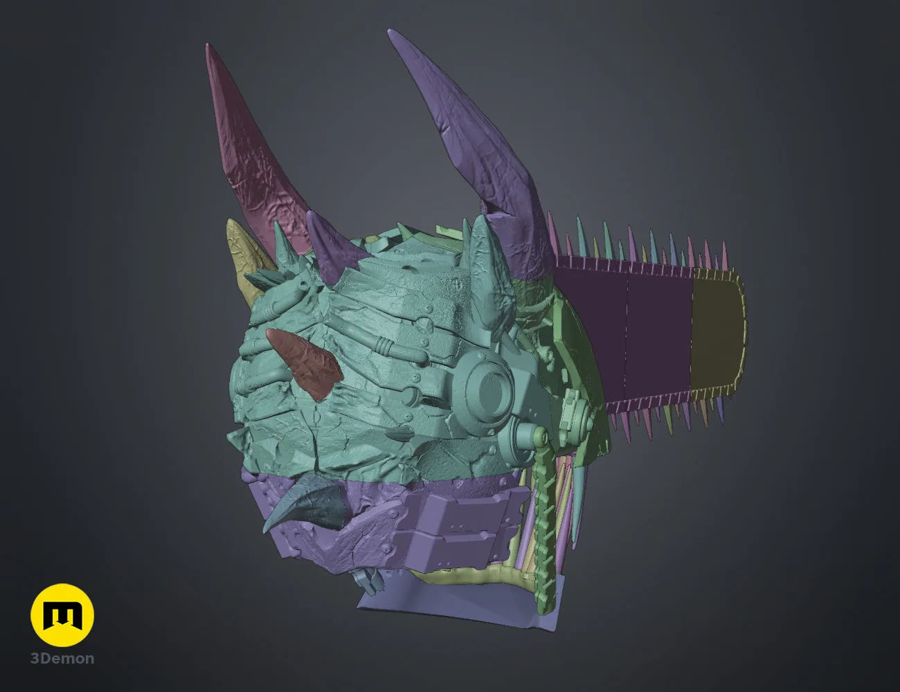 Front view of the 3D model with color-coded assembly parts – Chainsaw Man True Devil Form Helmet 3D print | 3Demon