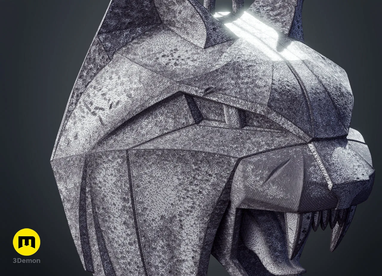 Close-up of the Lynx medallion 3D model showing the underlying wireframe mesh – Witcher 4 Lynx Pendant 3D print | 3Demon