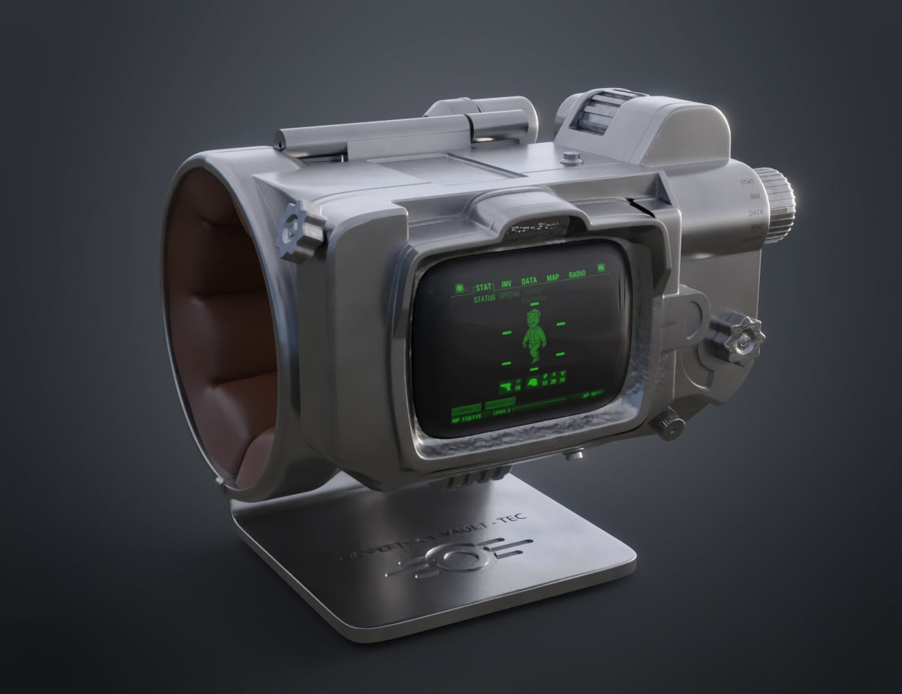 Perspective 3D render of the Pip Boy wrist computer in olive green – Pip Boy Fallout 3D print | 3Demon