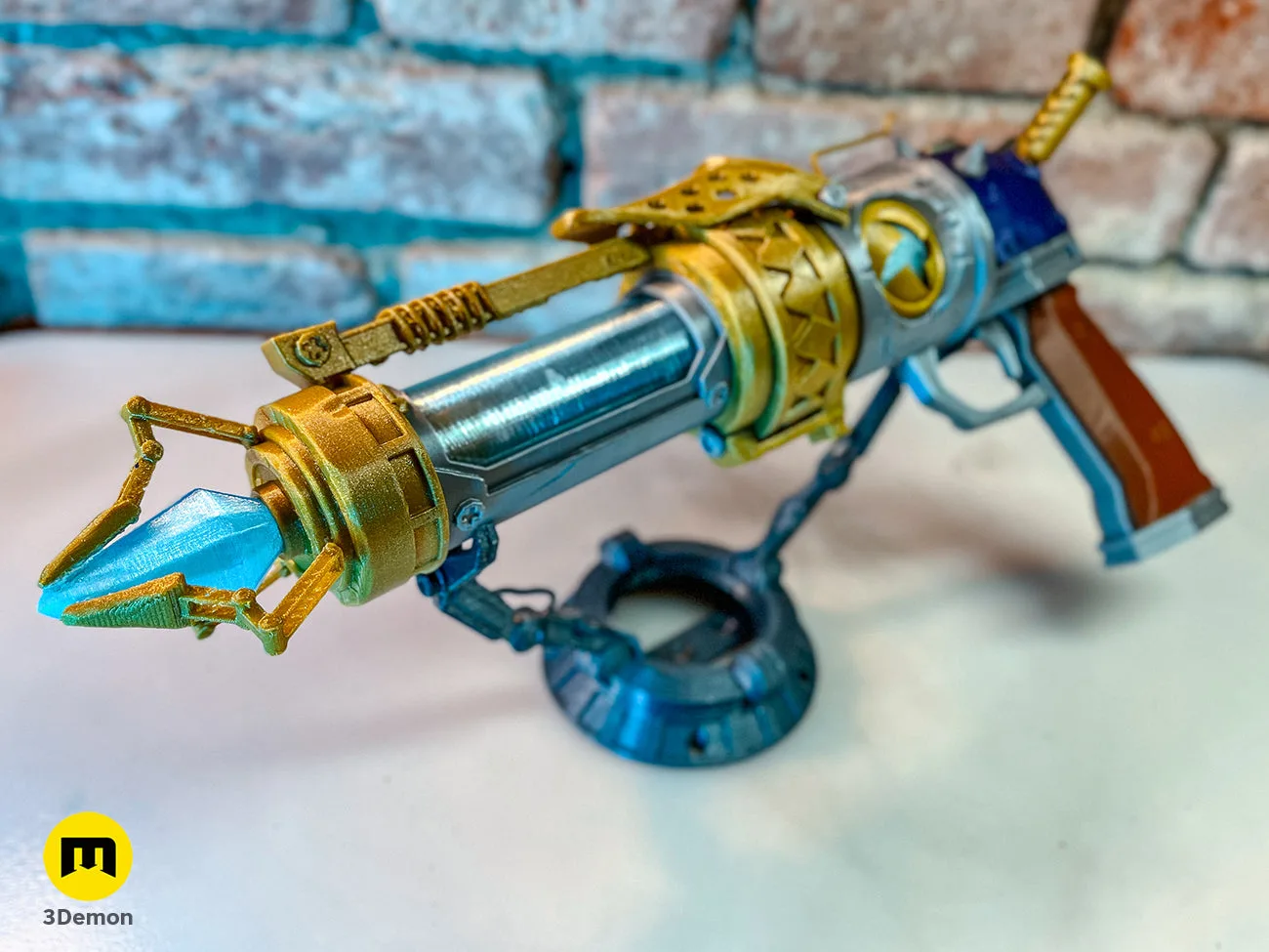 Detailed view of 3D printed blue and grey barrel parts of Jinx's pistol – Jinx Arcane S2 Pistol 3D print | 3Demon