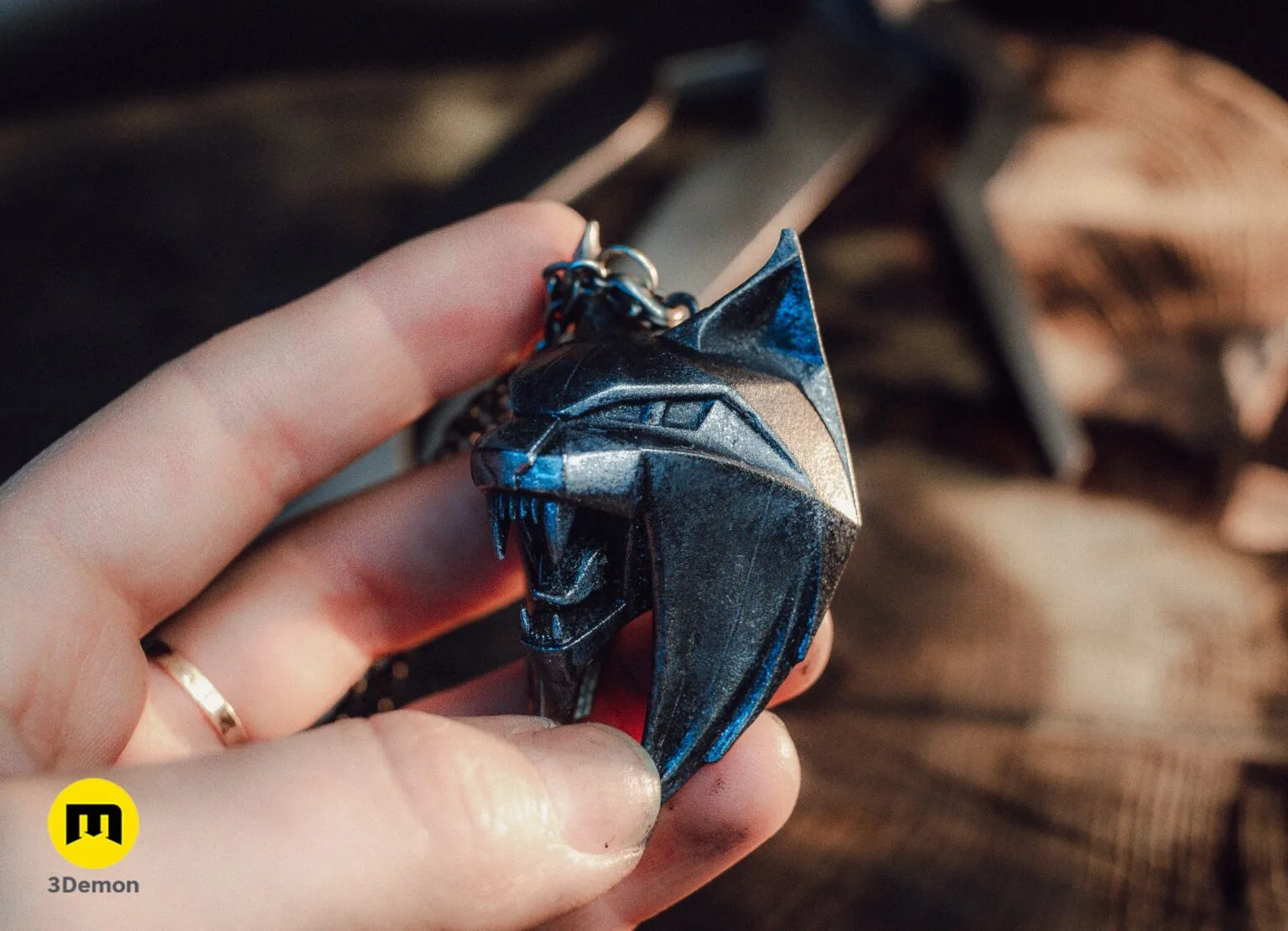 Hand holding a metallic painted Witcher 4 Lynx medallion prop – Witcher 4 Lynx Pendant 3D print | 3Demon