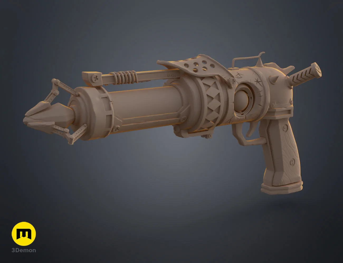 Side view 3D render of the Jinx Arcane season 2 pistol prop in grey material – Jinx Arcane S2 Pistol 3D print | 3Demon