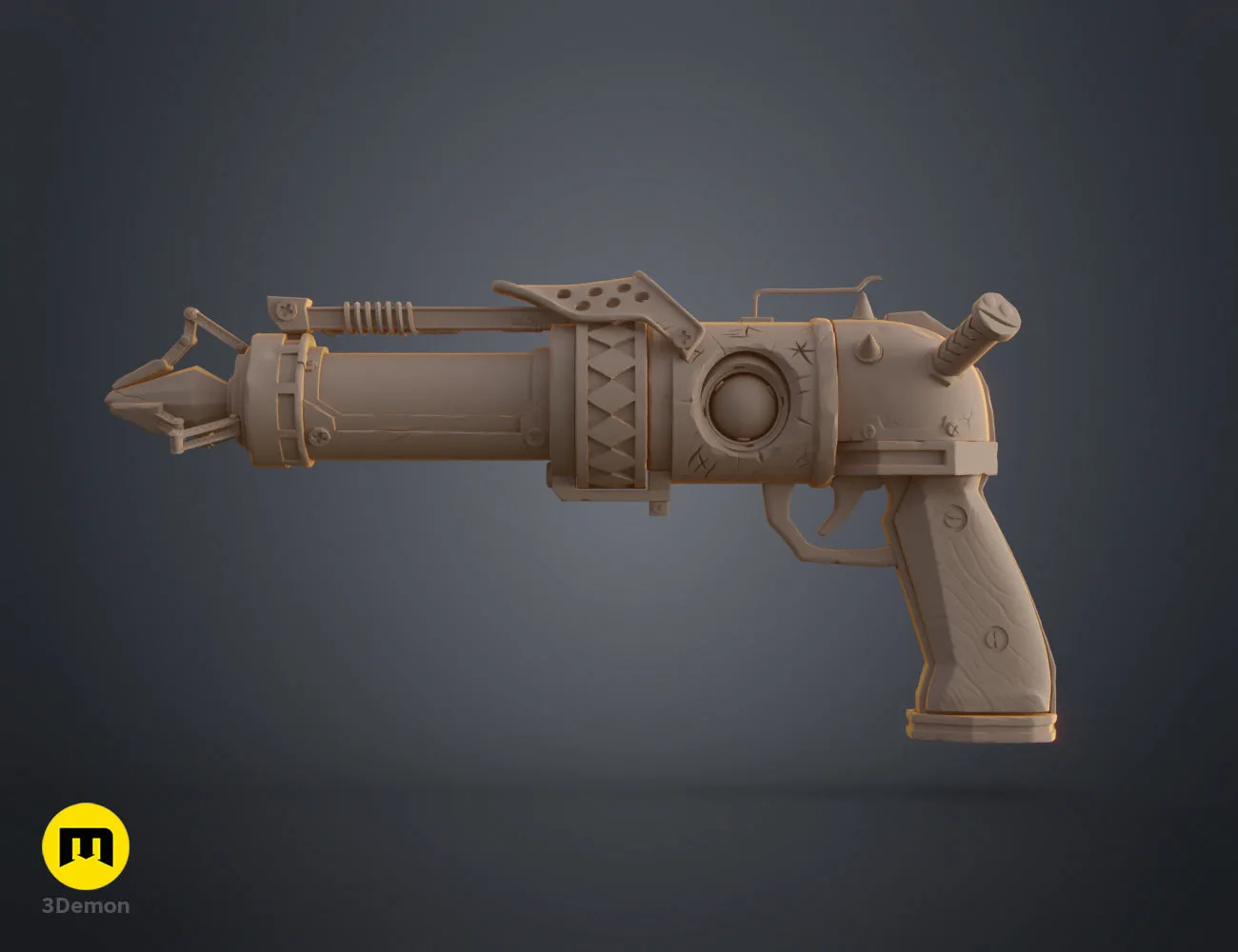 Side-back perspective 3D render of Jinx's blaster from Arcane S2 – Jinx Arcane S2 Pistol 3D print | 3Demon