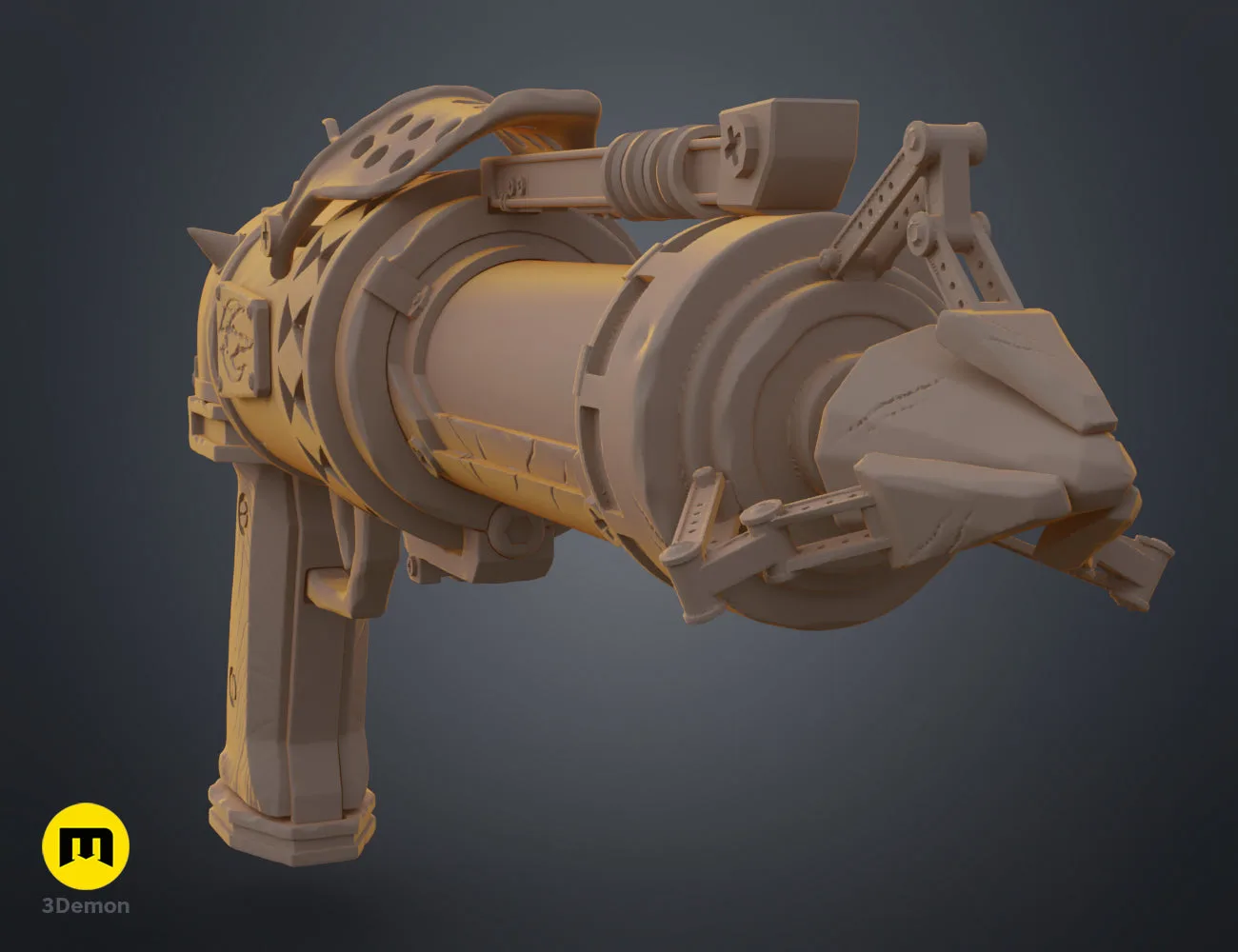 Bottom-up view 3D render of the Jinx Arcane season 2 blaster prop replica – Jinx Arcane S2 Pistol 3D print | 3Demon