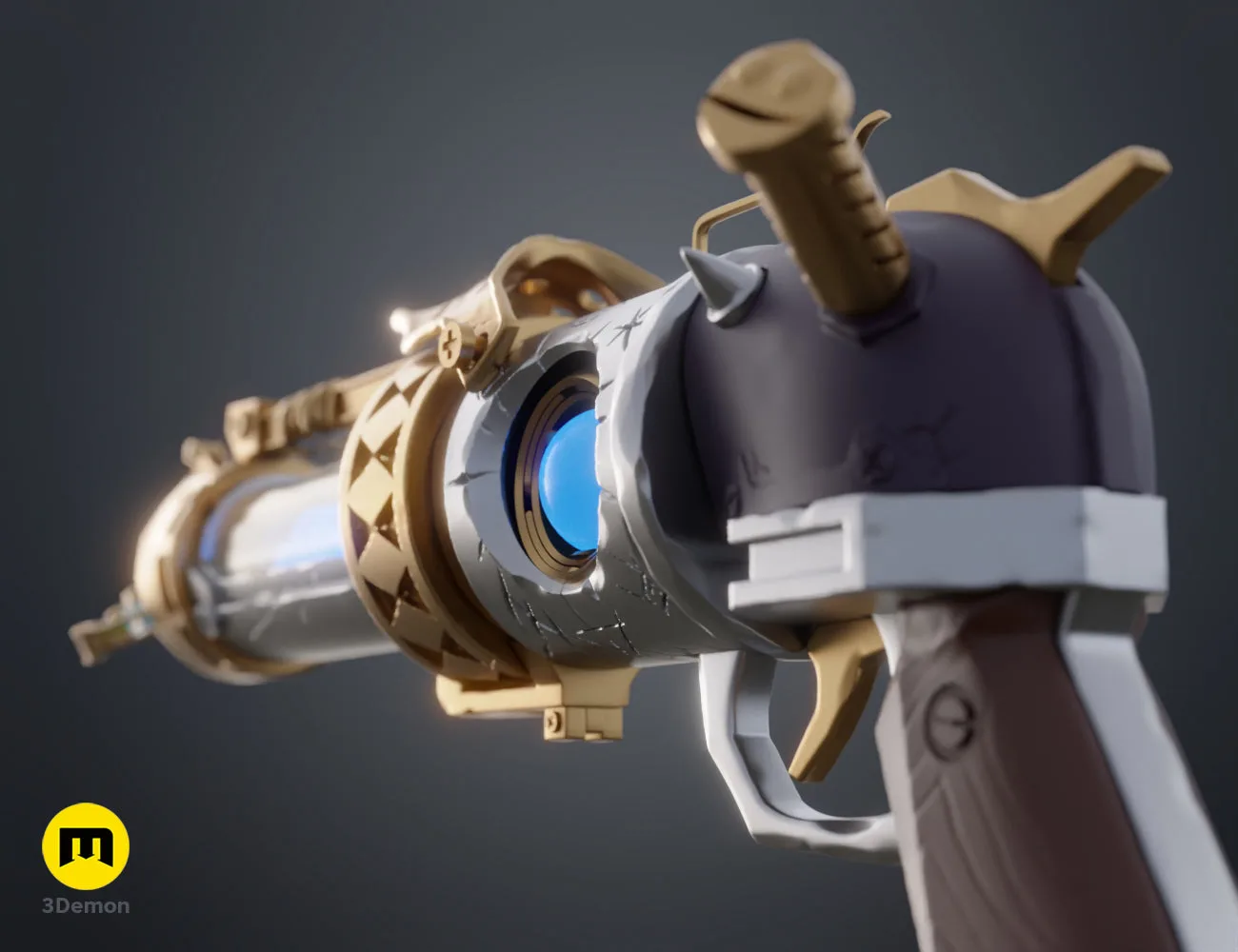 Back view 3D render of Jinx's pistol showing hammer and blue glowing energy core – Jinx Arcane S2 Pistol 3D print | 3Demon