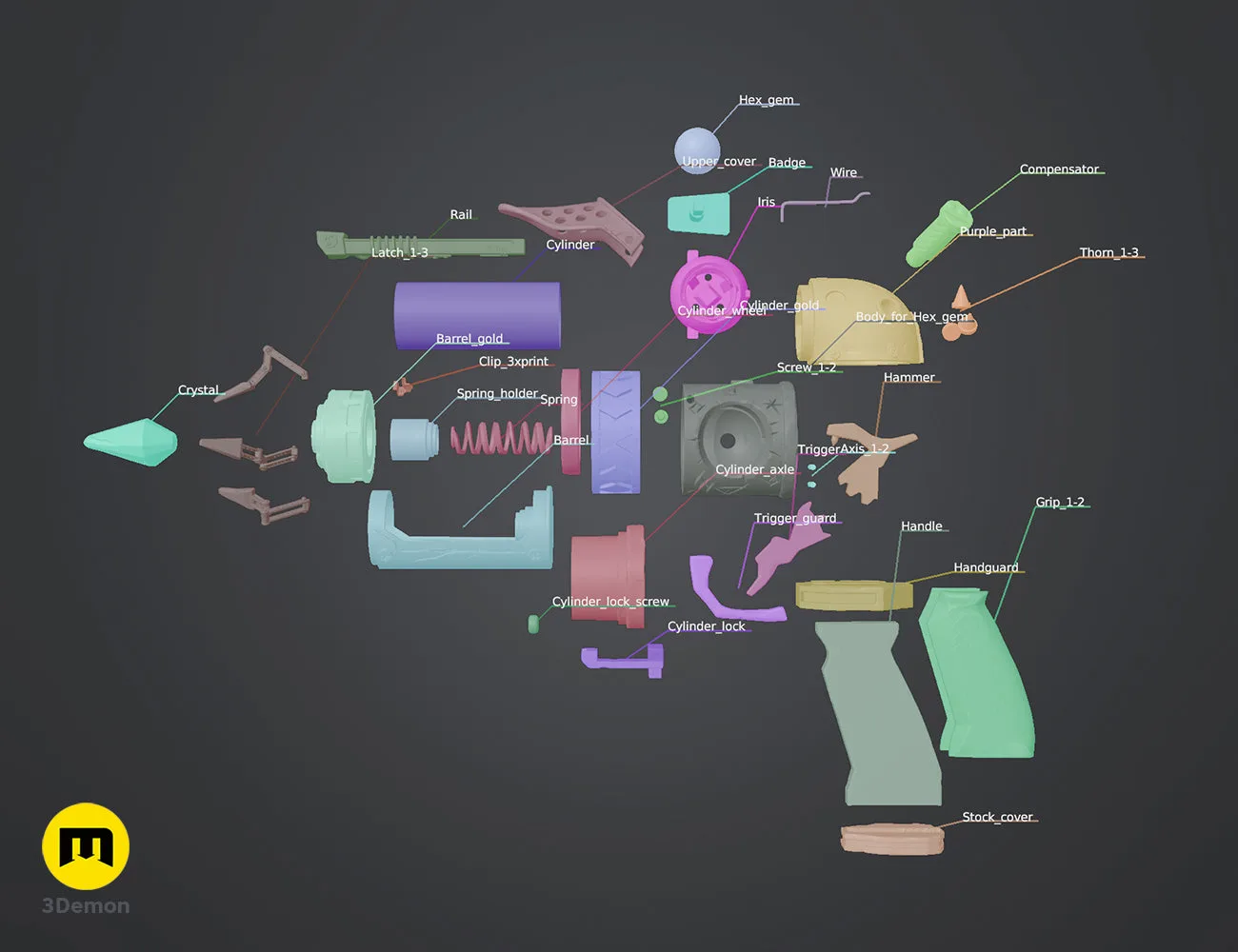 Exploded 3D render showing assembly of Jinx's Arcane season 2 pistol parts – Jinx Arcane S2 Pistol 3D print | 3Demon