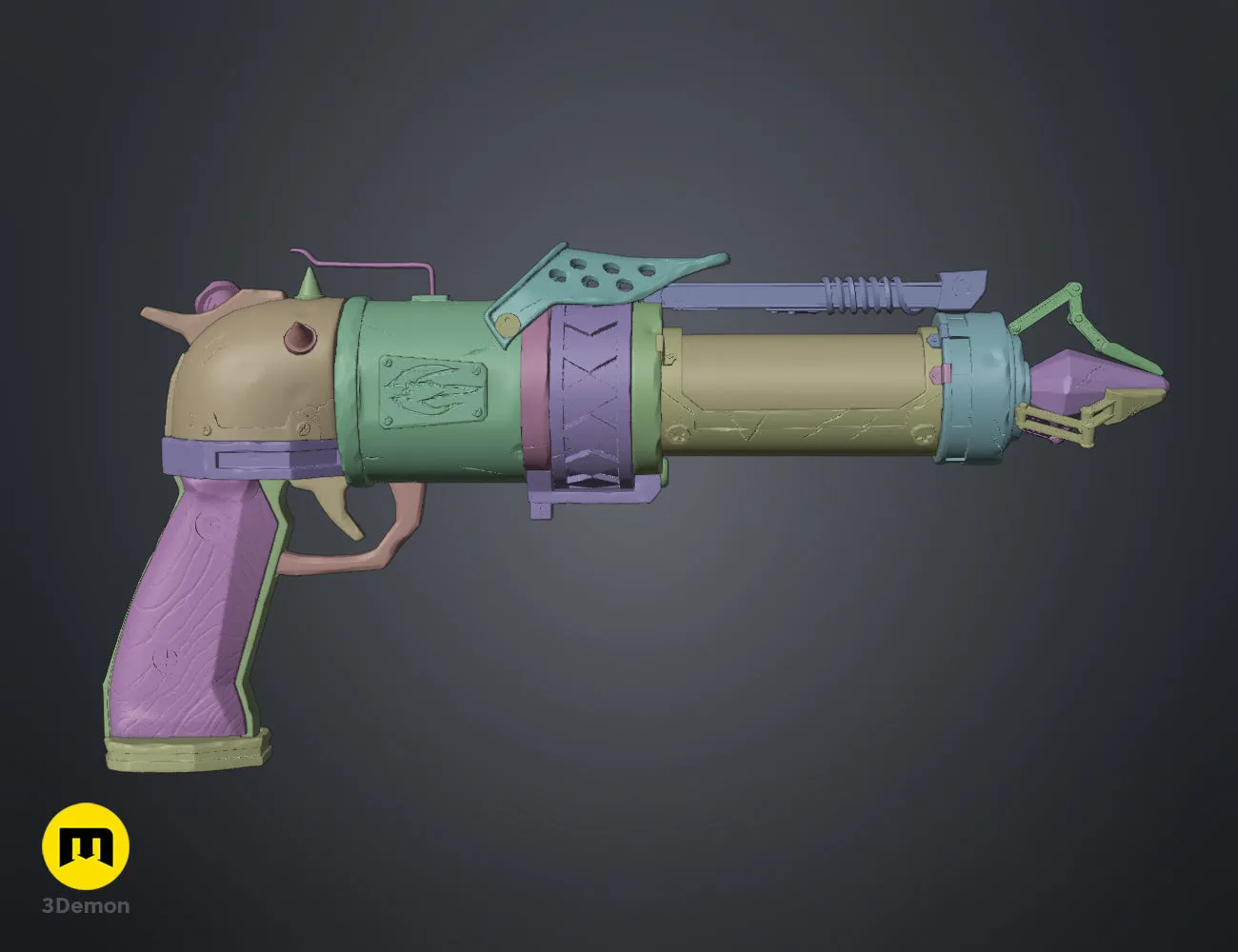 3D model of Jinx's pistol with color-coded parts for assembly – Jinx Arcane S2 Pistol 3D print | 3Demon